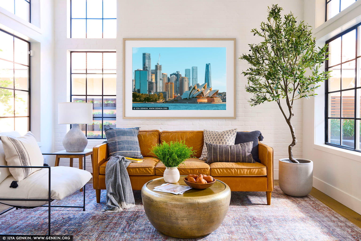 Harbour Harmony: Sydney Skyline and Opera House in Afternoon Glow wall art in a modern living room interior