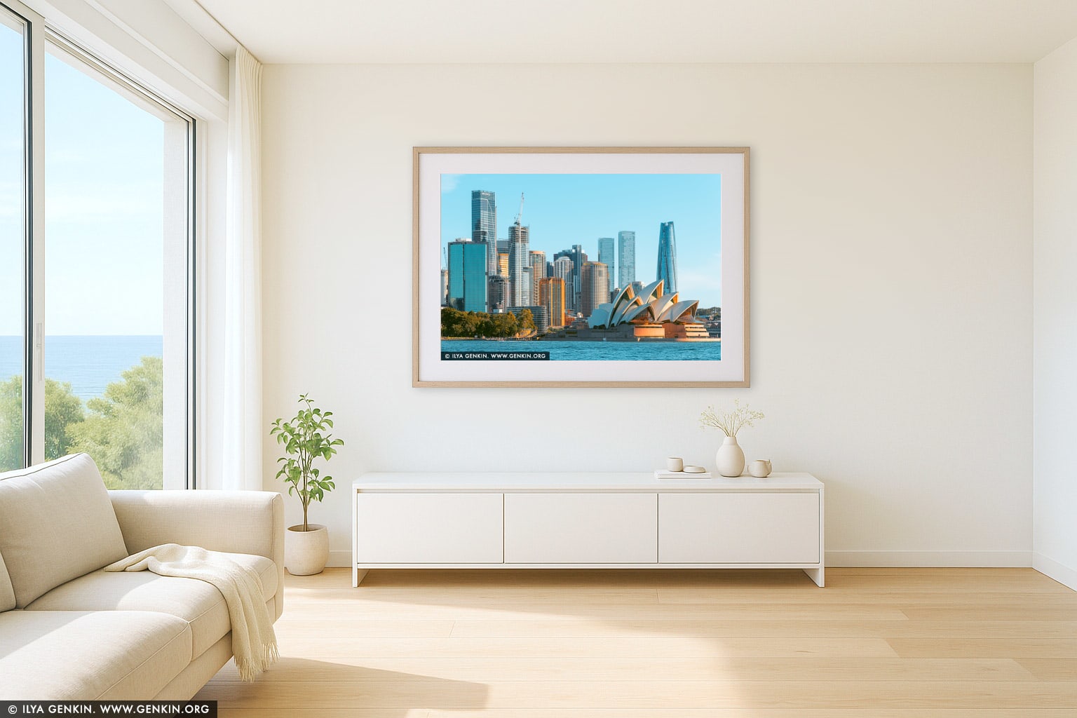 Harbour Harmony: Sydney Skyline and Opera House in Afternoon Glow wall art in a modern living room interior