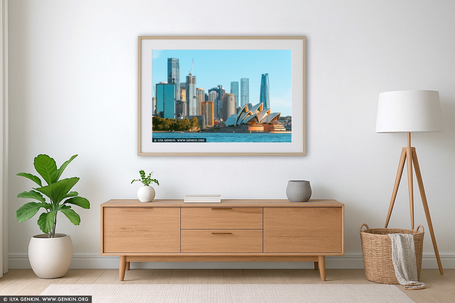 Harbour Harmony: Sydney Skyline and Opera House in Afternoon Glow wall art in a contemporary living room interior