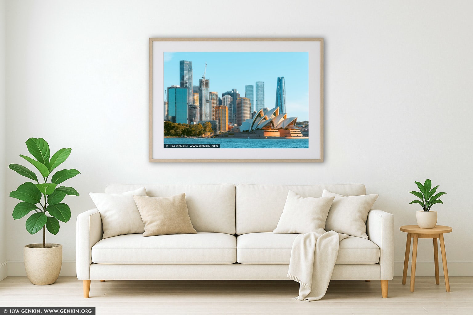 Harbour Harmony: Sydney Skyline and Opera House in Afternoon Glow wall art in a luxury living room interior