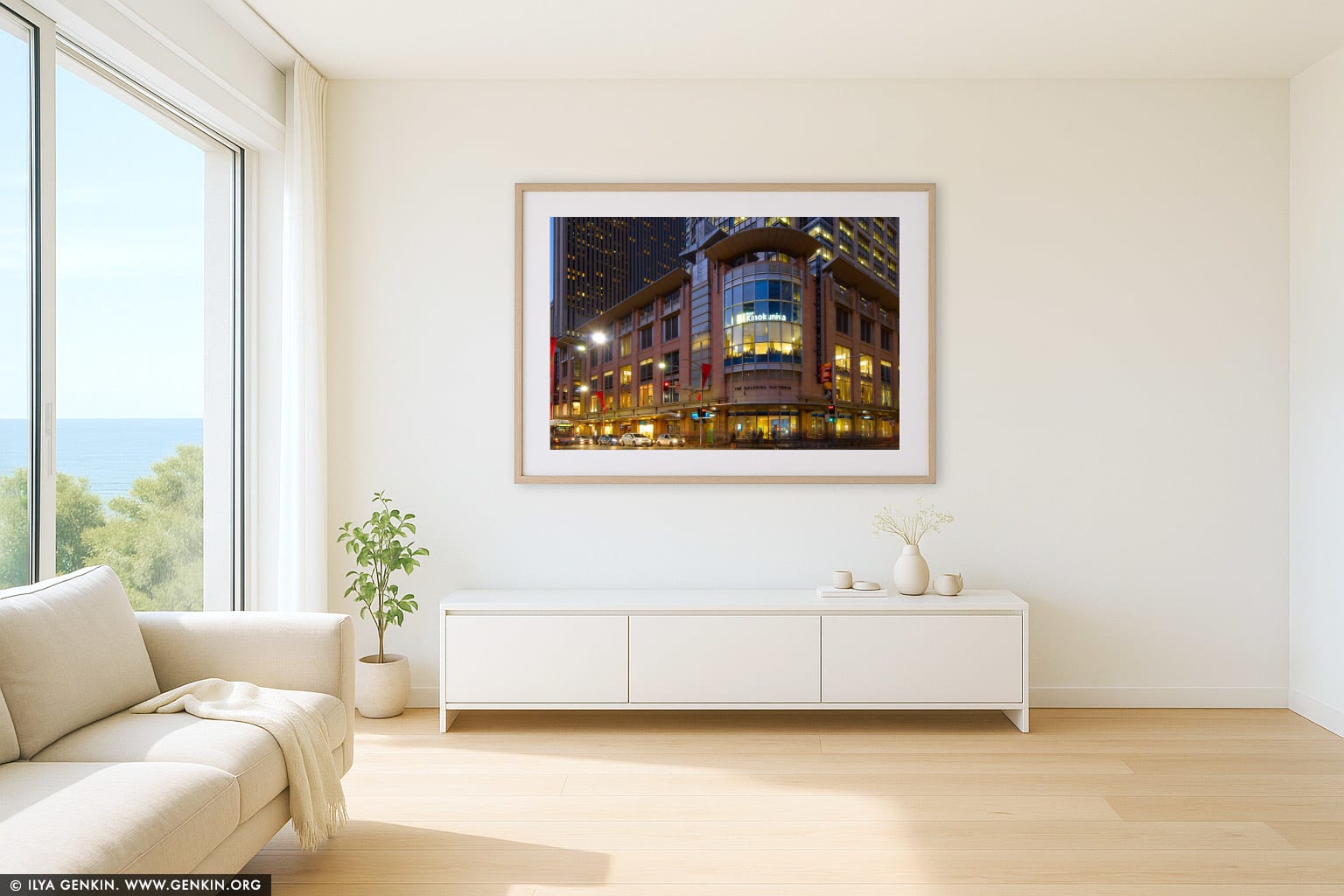 The Galleries Victoria at Dusk wall art in a contemporary living room interior