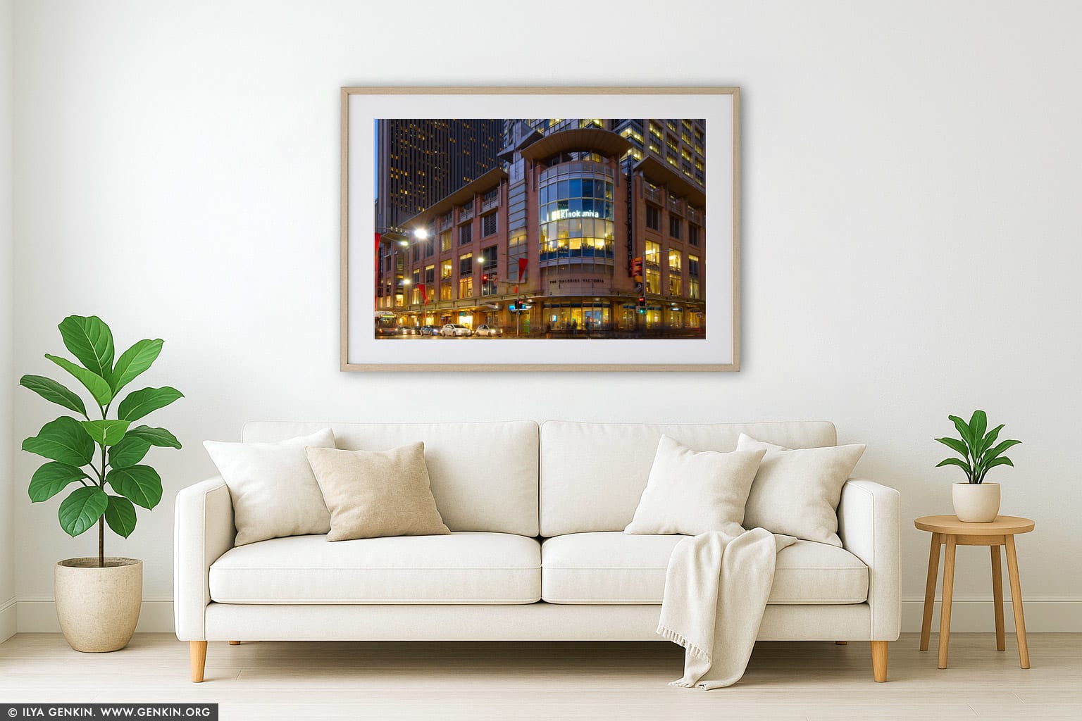 The Galleries Victoria at Dusk wall art in a modern living room interior