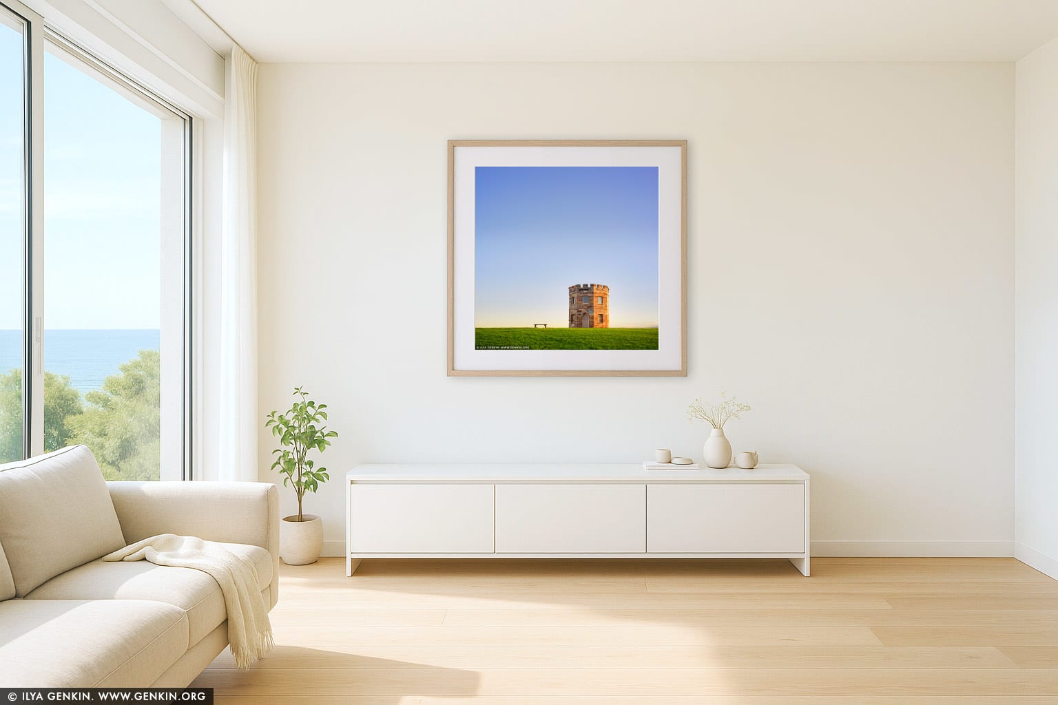 Customs Tower and the Bench wall art in a luxury living room interior