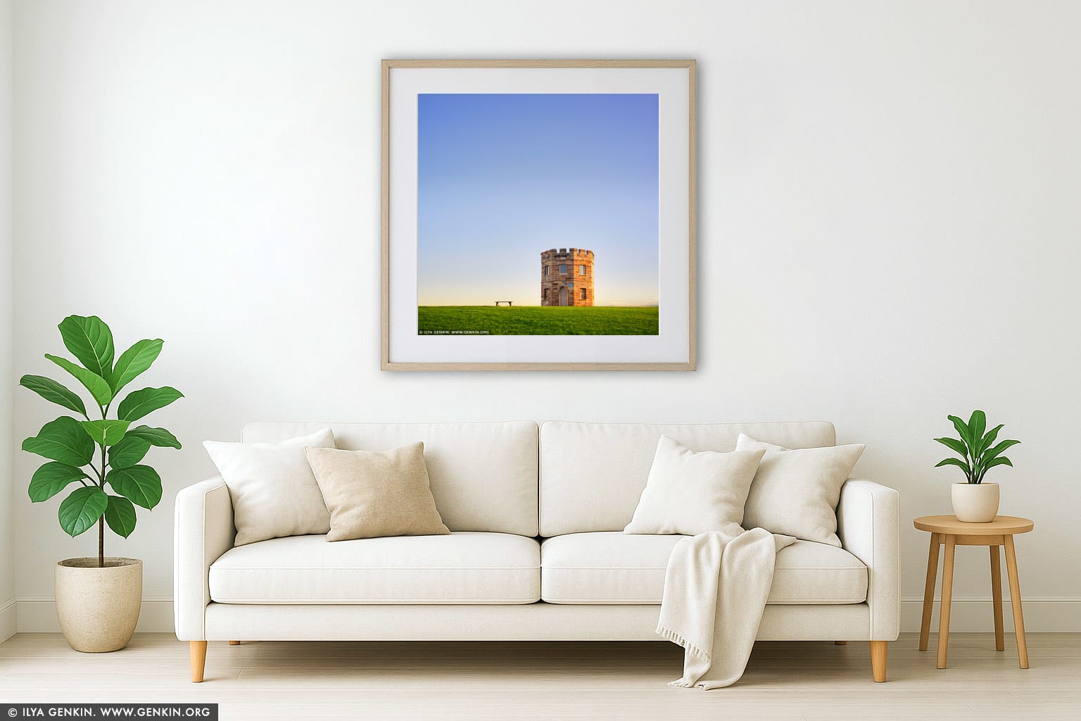 Customs Tower and the Bench wall art in a minimalist living room interior