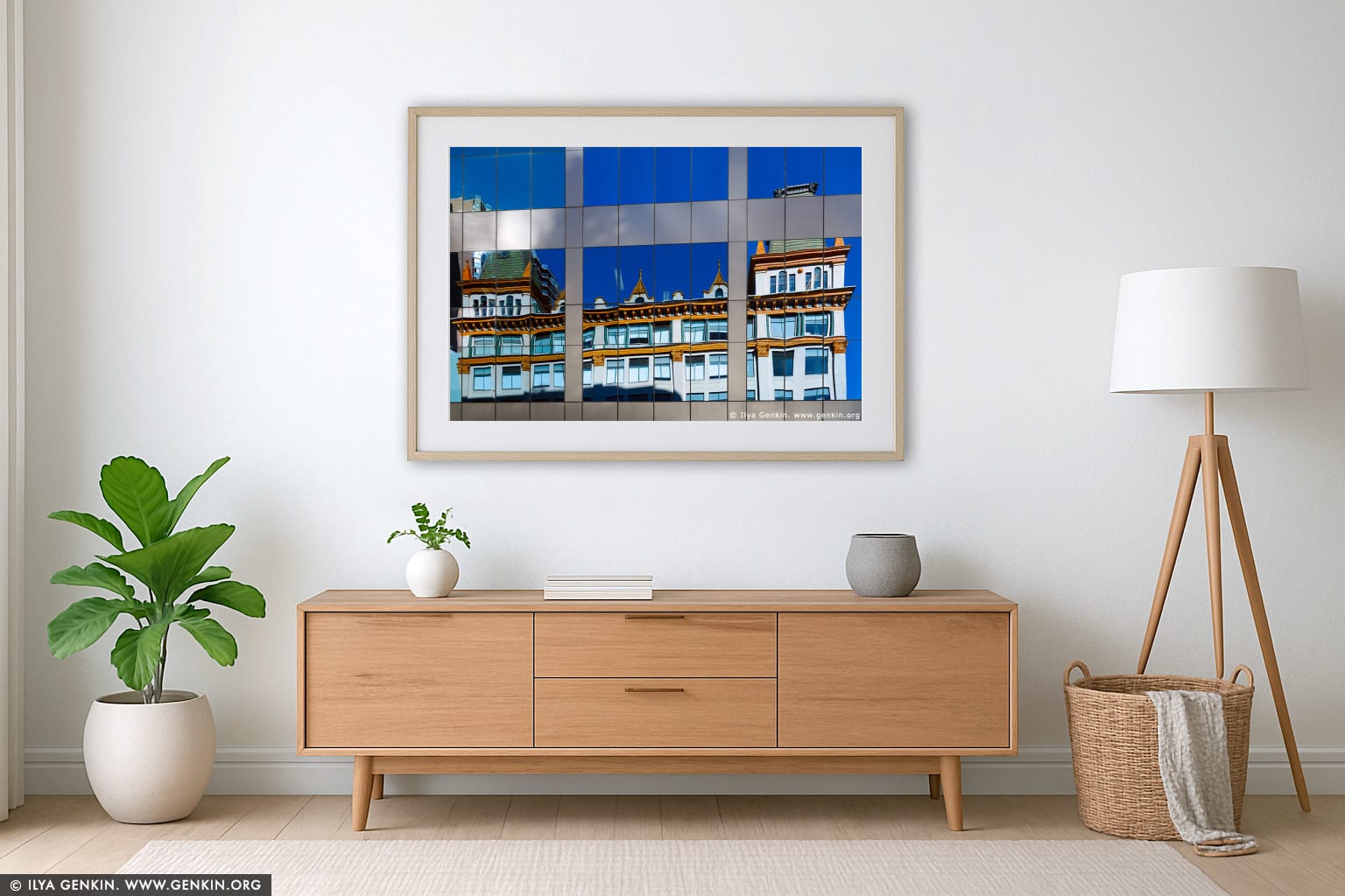 Downing Centre at Liverpool Street wall art in a minimalist living room interior