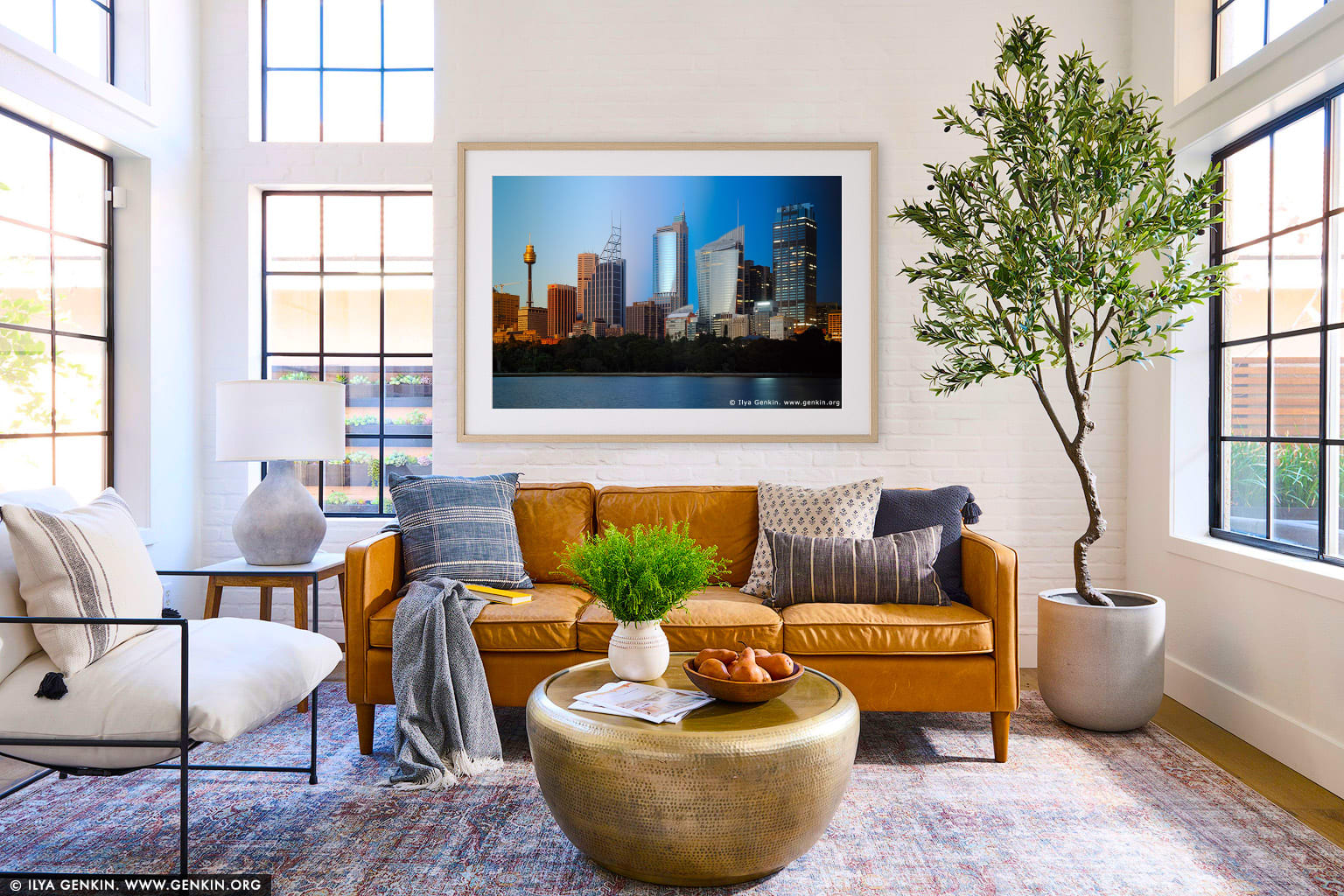 Sydney City at Night and Sunset wall art in a modern living room interior