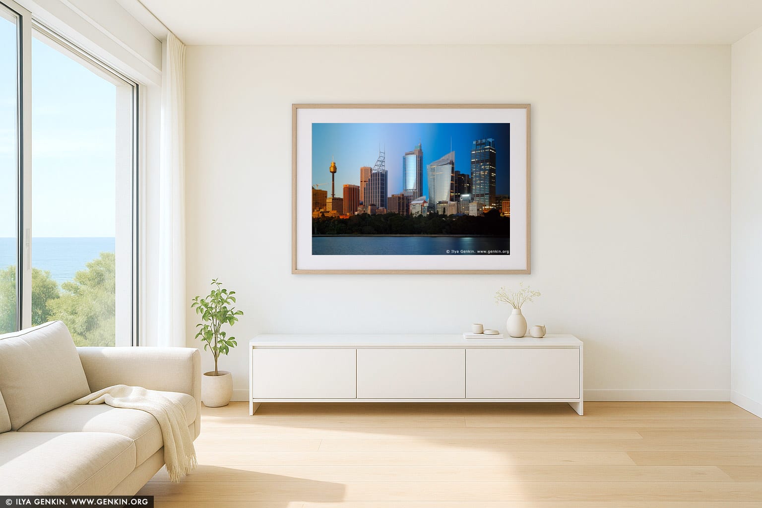 Sydney City at Night and Sunset wall art in a modern living room interior