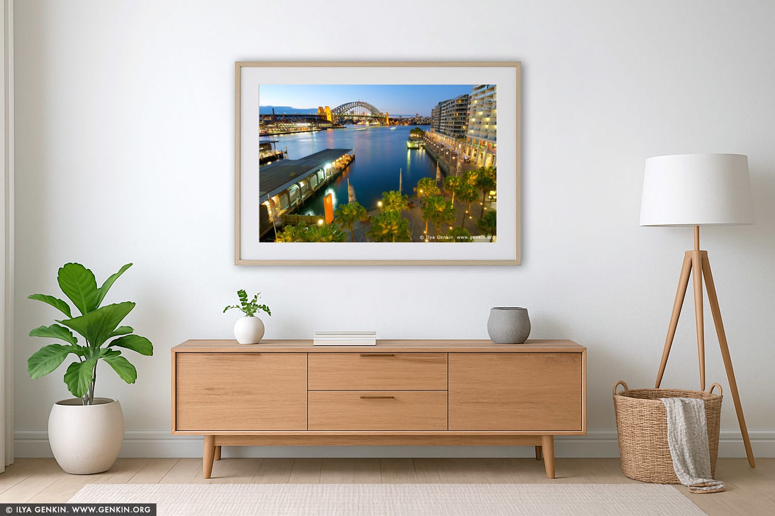 Harbour Bridge and Circular Quay at Night wall art in a luxury living room interior