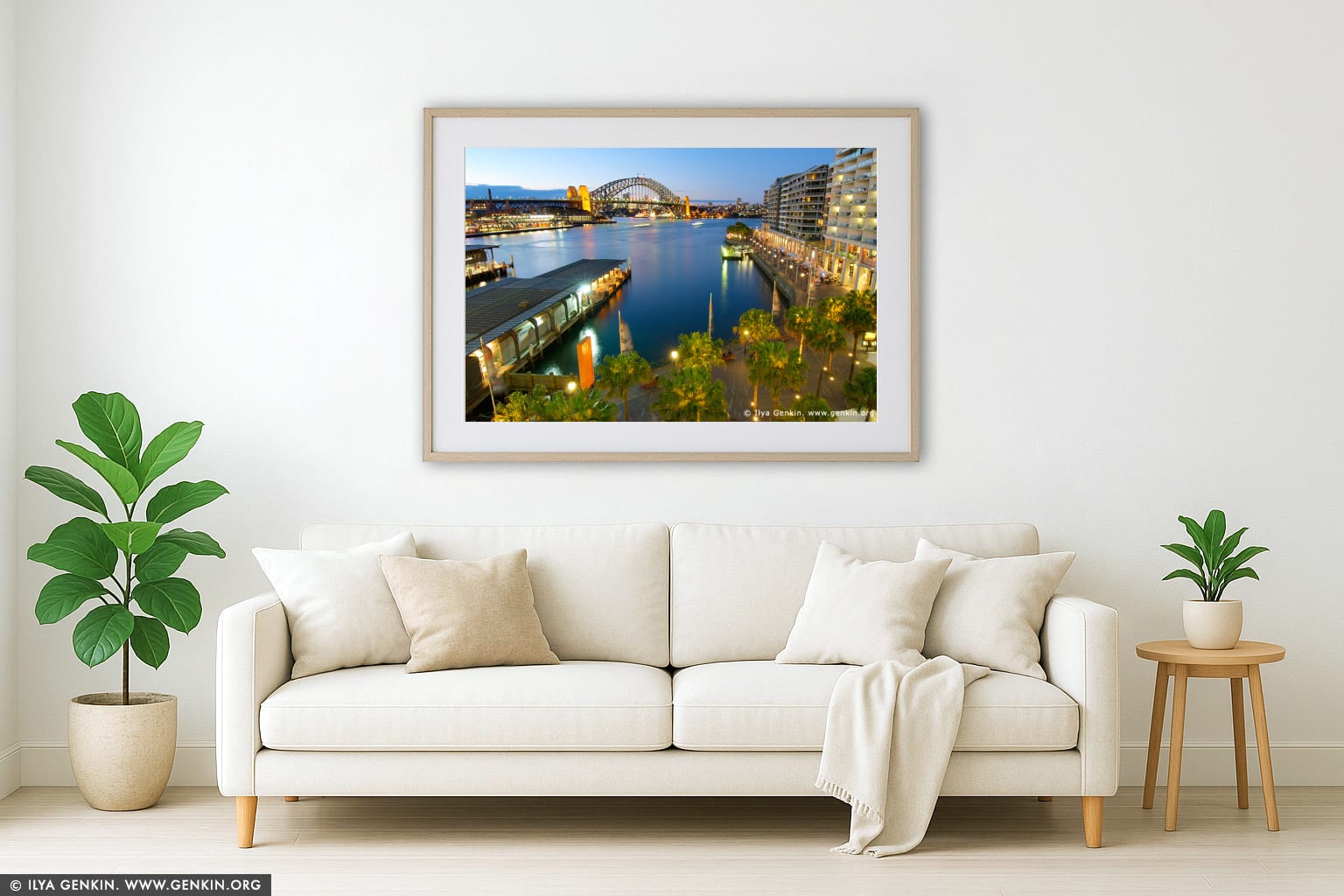 Harbour Bridge and Circular Quay at Night wall art in a contemporary living room interior