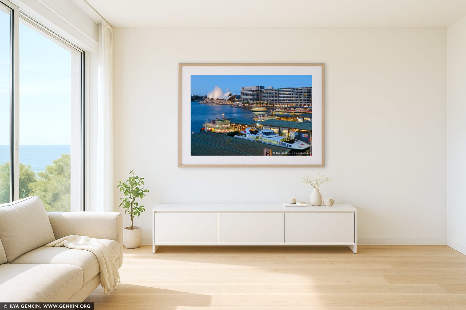 Ferries at Circular Quay wall art in a luxury living room interior