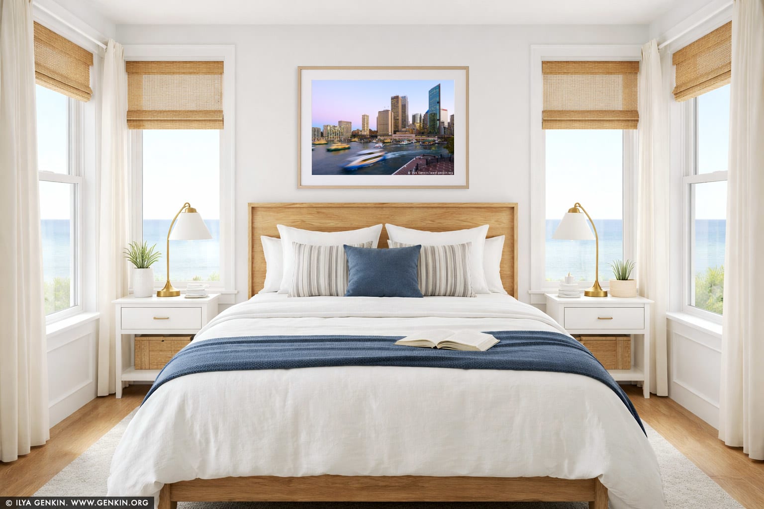 Circular Quay and Sydney City at Twilight wall art in a bedroom interior
