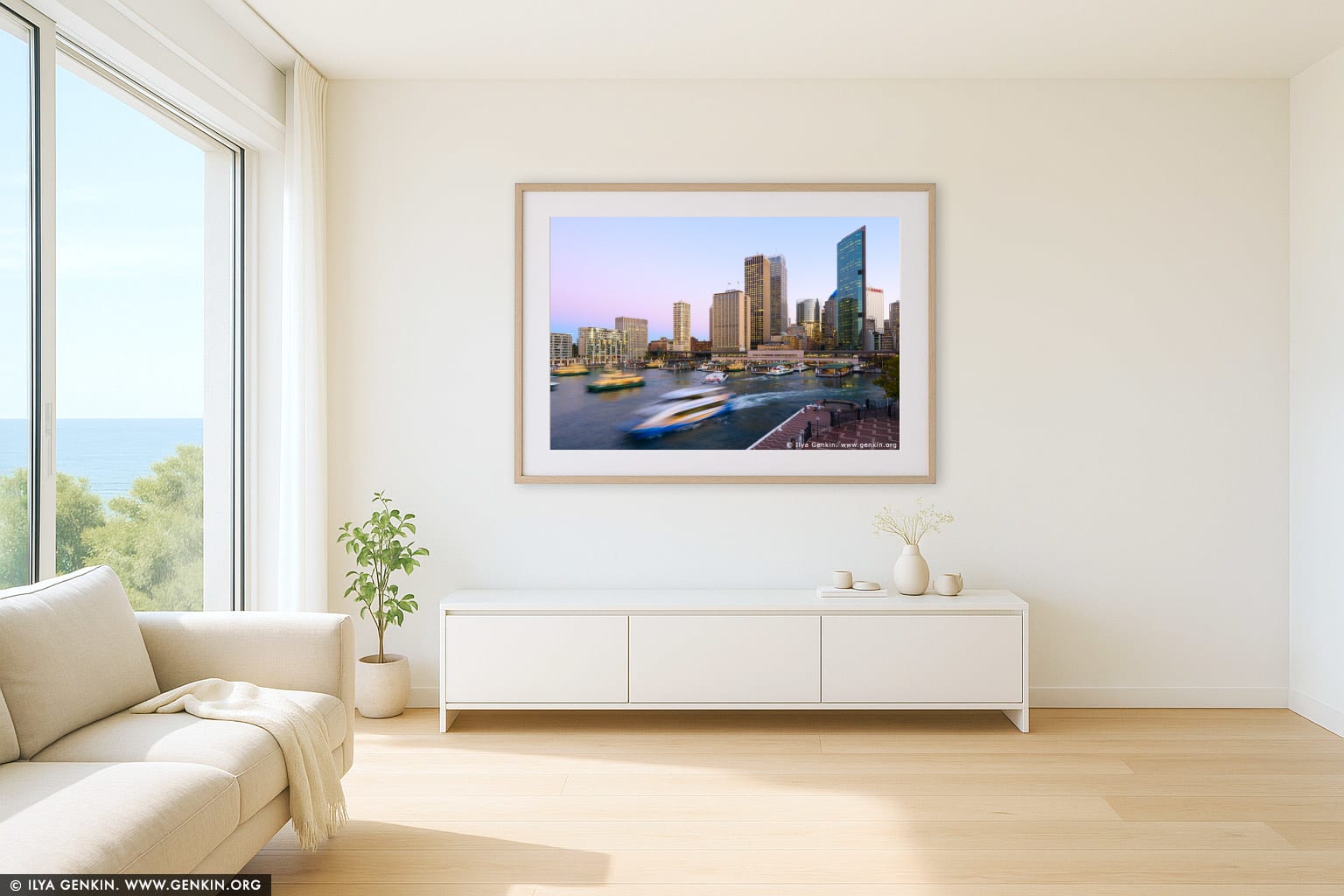 Circular Quay and Sydney City at Twilight wall art in a contemporary living room interior