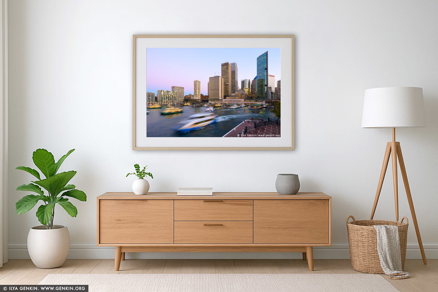 Circular Quay and Sydney City at Twilight wall art in a minimalist living room interior