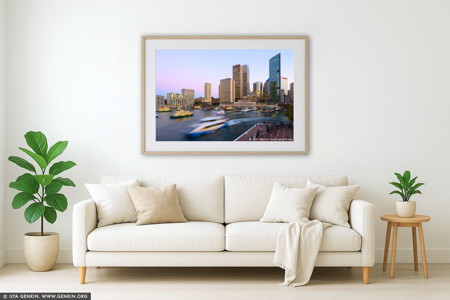 Circular Quay and Sydney City at Twilight wall art in a modern living room interior
