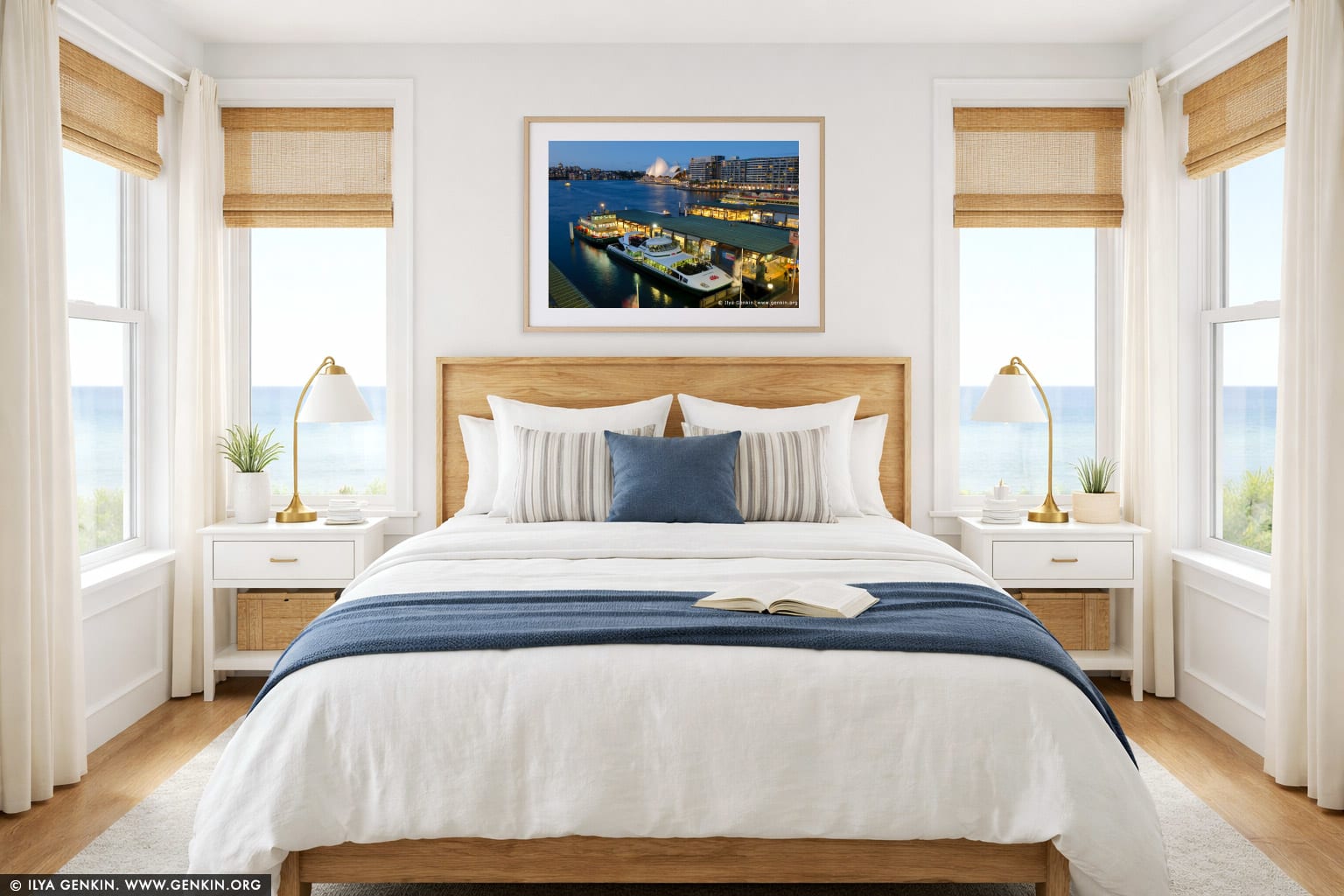 Circular Quay and Sydney Opera House wall art in a bedroom interior