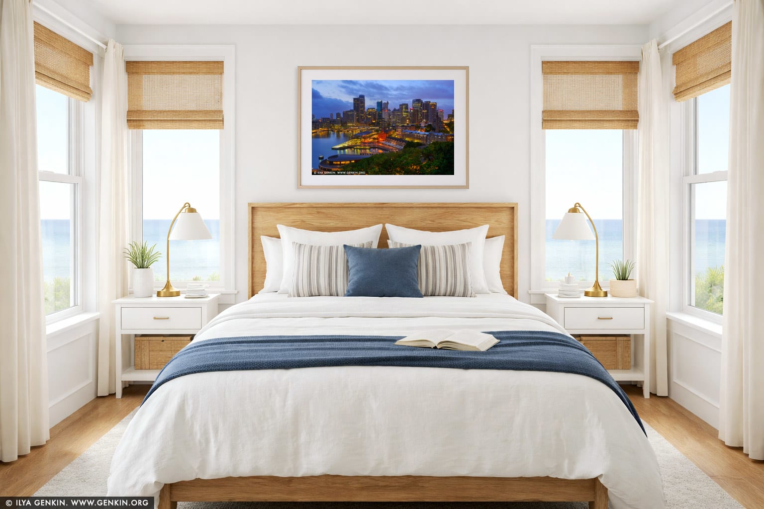 Circular Quay and The Rocks at Dawn wall art in a bedroom interior