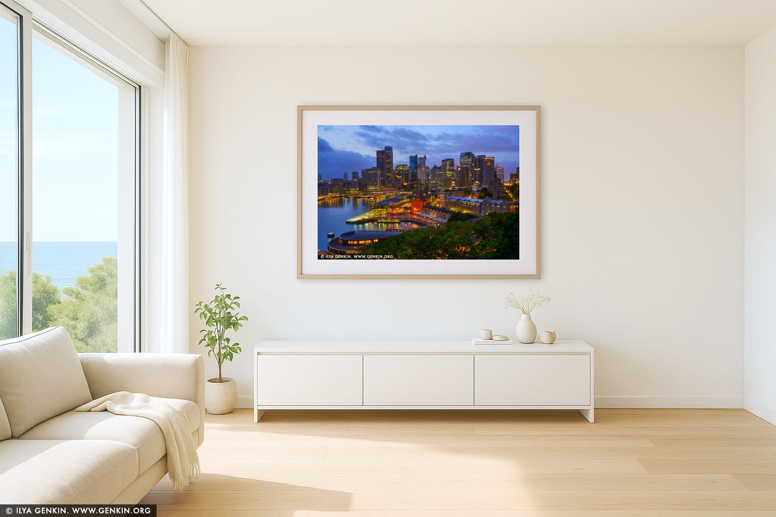 Circular Quay and The Rocks at Dawn wall art in a minimalist living room interior