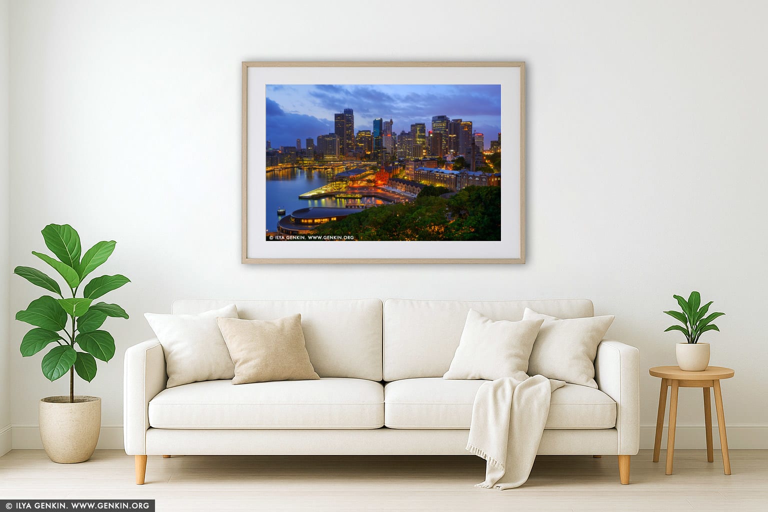Circular Quay and The Rocks at Dawn wall art in a contemporary living room interior