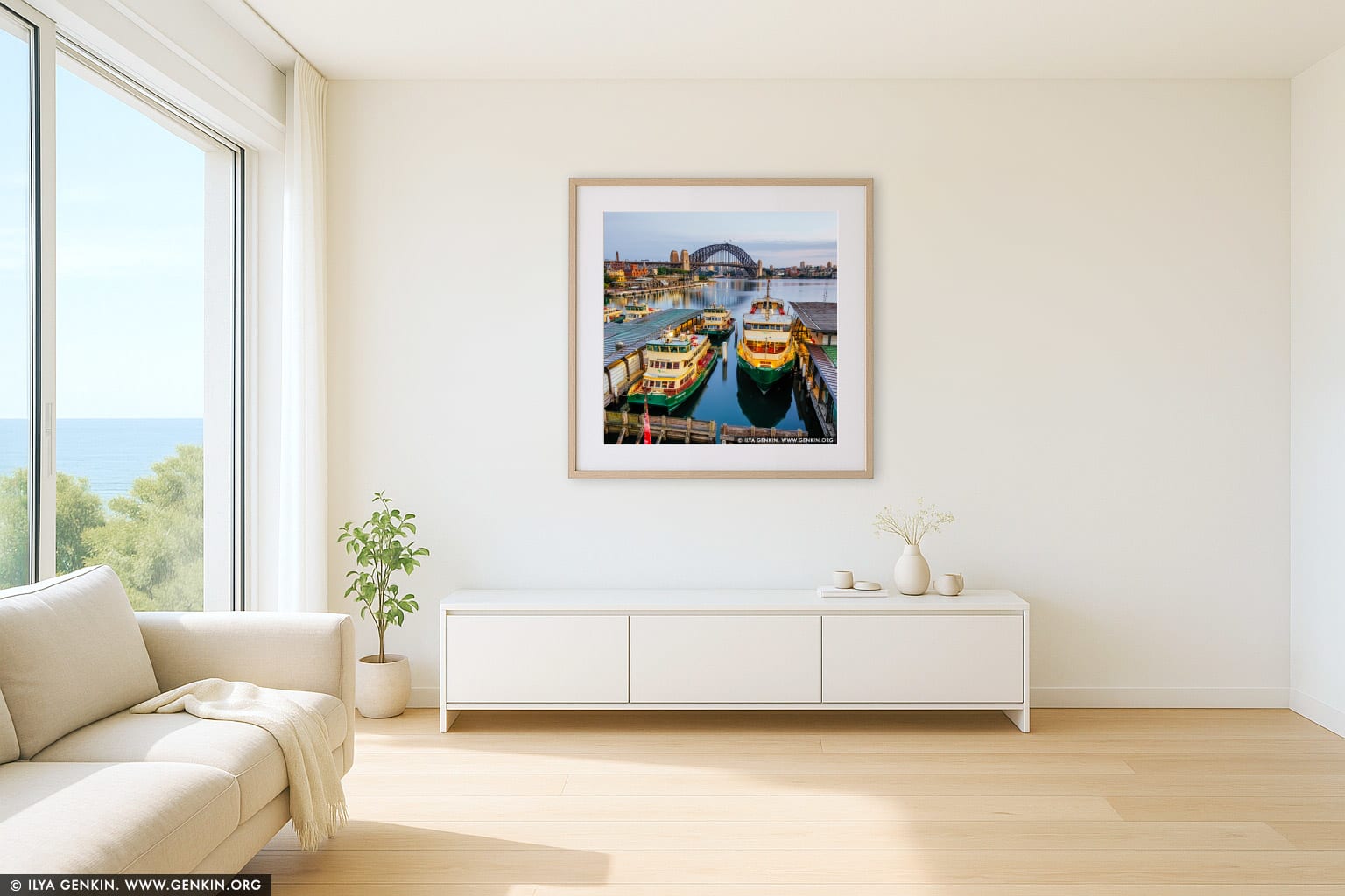 Harbour Bridge and Circular Quay Early in the Morning wall art in a luxury living room interior
