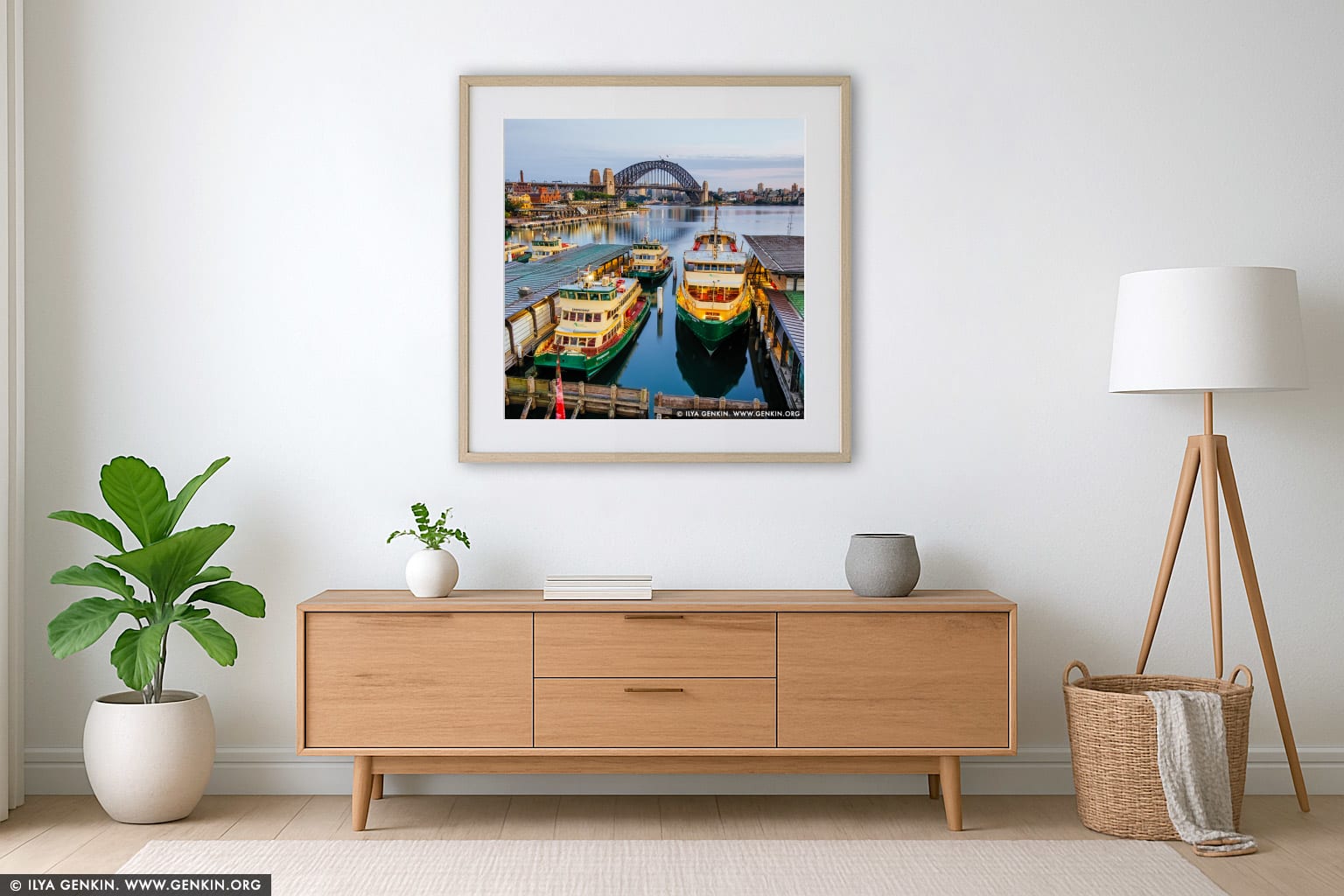Harbour Bridge and Circular Quay Early in the Morning wall art in a modern living room interior
