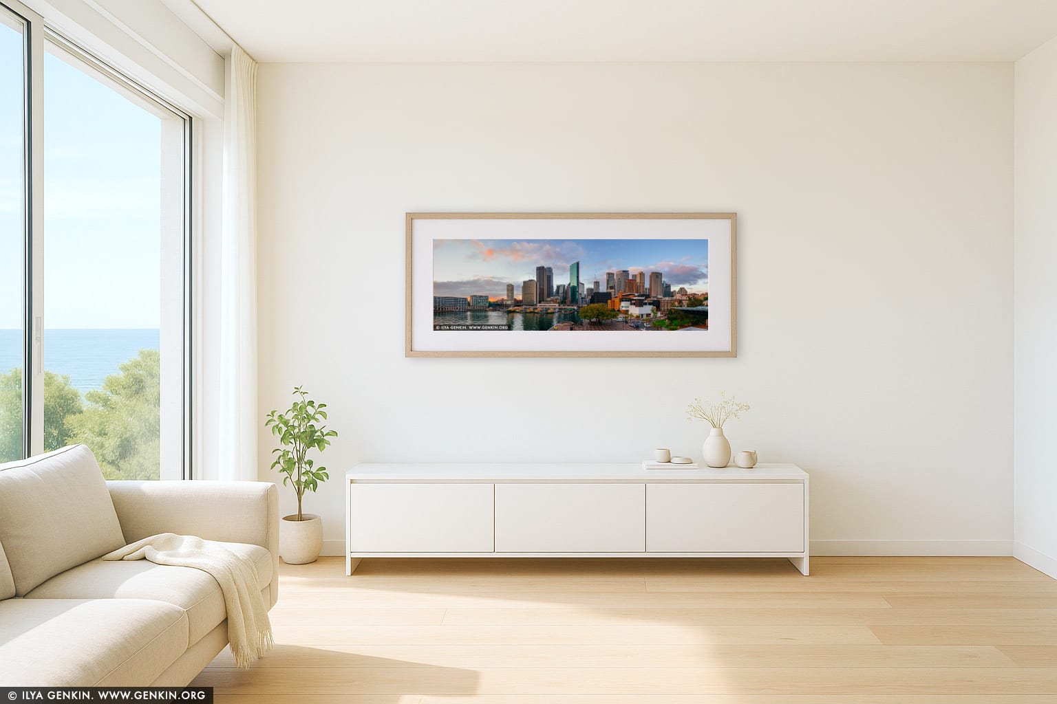 Panoramic View of Circular Quay and Sydney City at Dawn wall art in a minimalist living room interior