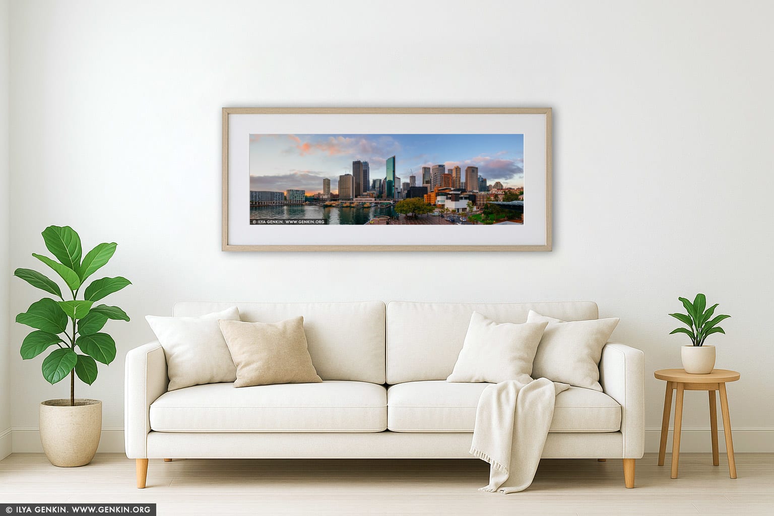 Panoramic View of Circular Quay and Sydney City at Dawn wall art in a contemporary living room interior