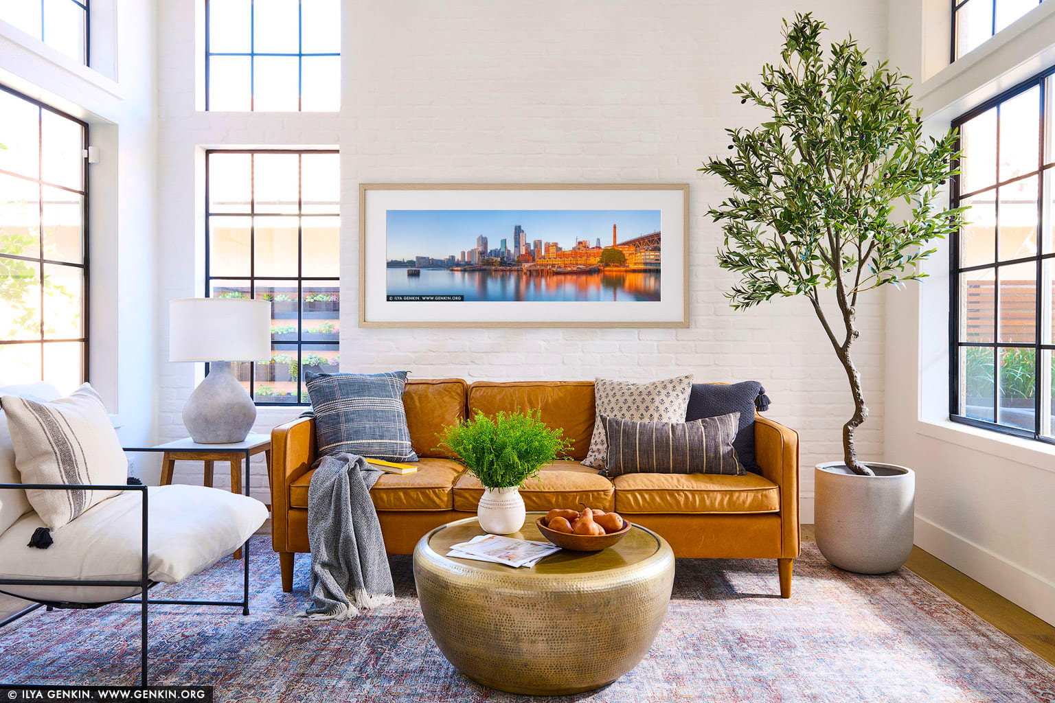 Golden Stillness, Circular Quay and Sydney City wall art in a luxury living room interior