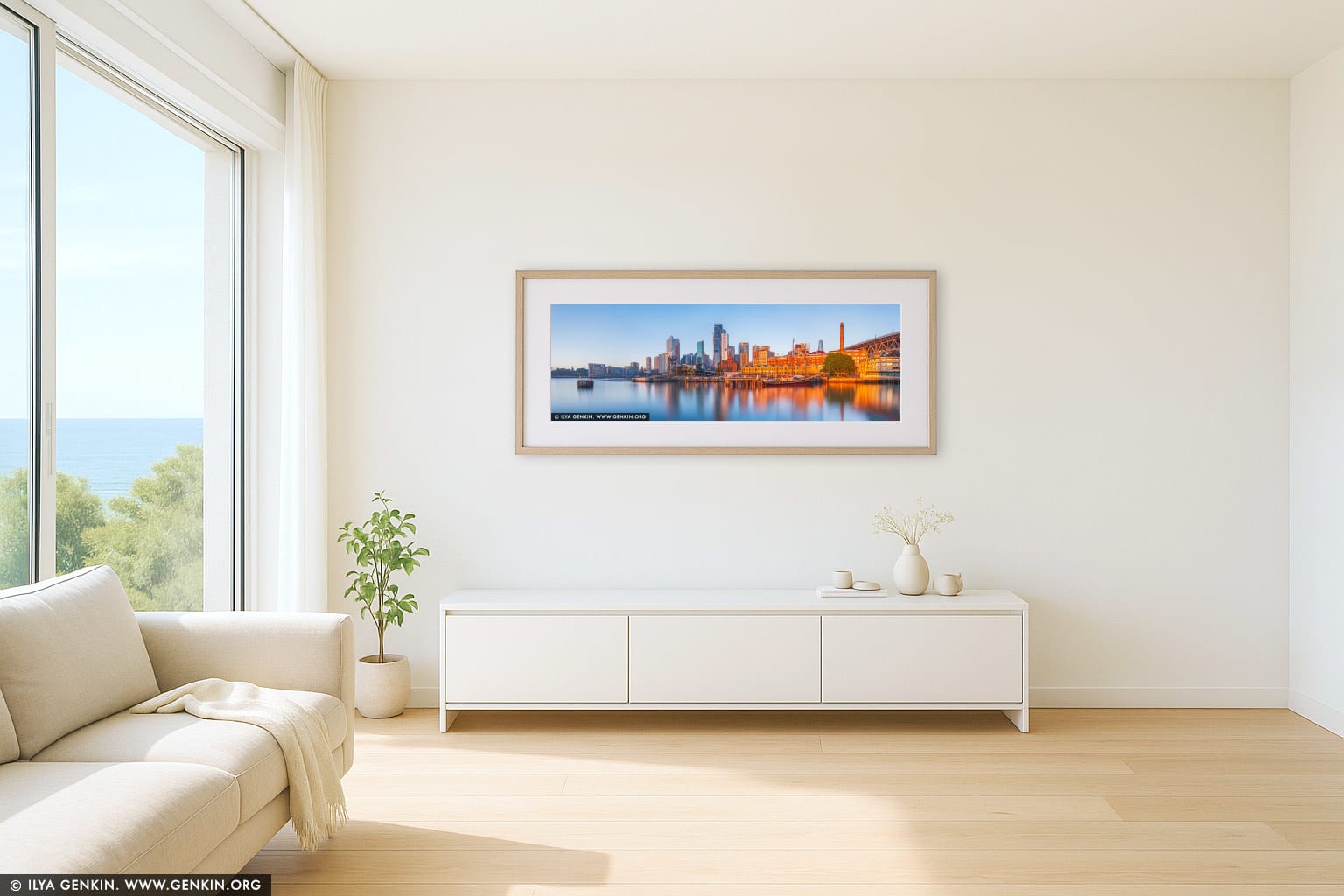 Golden Stillness, Circular Quay and Sydney City wall art in a luxury living room interior