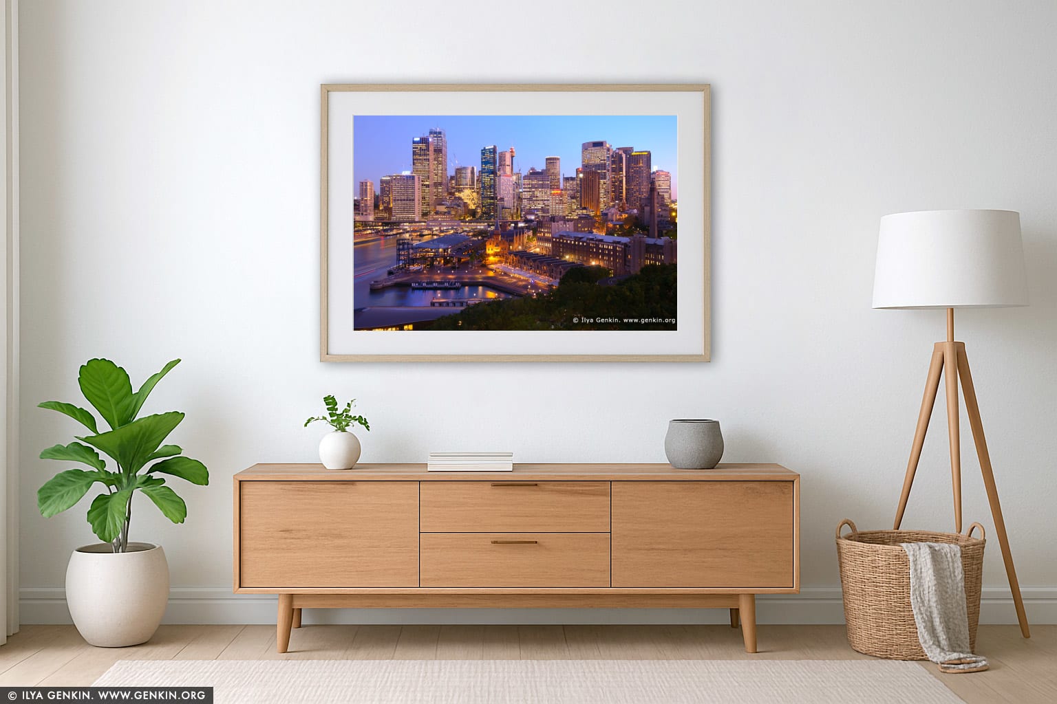 Circular Quay and Sydney City at Night wall art in a luxury living room interior