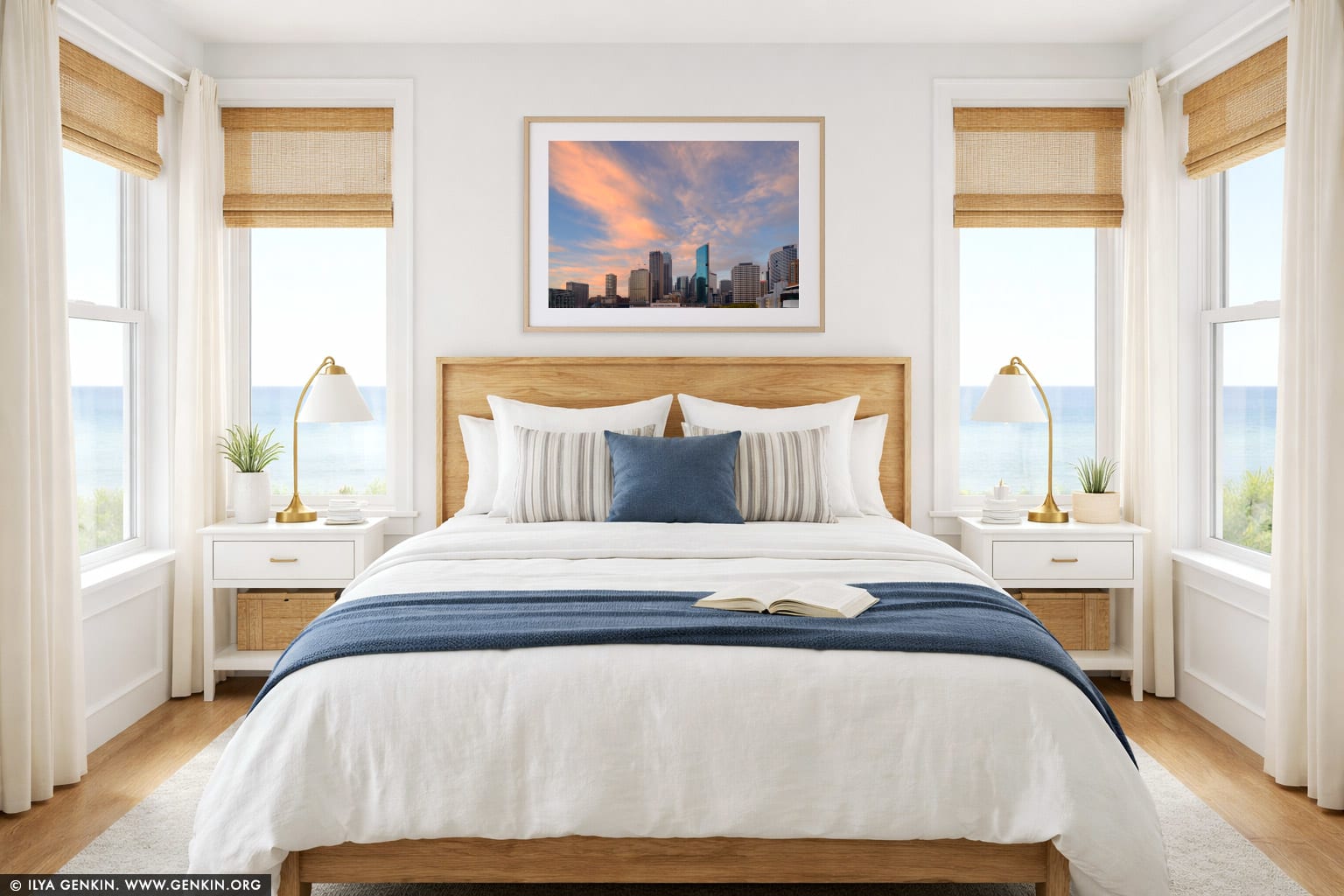 Sunrise over Circular Quay wall art in a bedroom interior