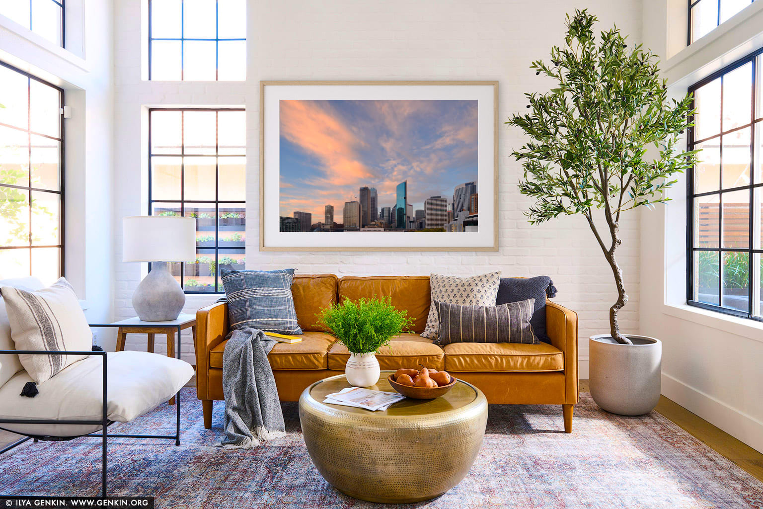 Sunrise over Circular Quay wall art in a modern living room interior