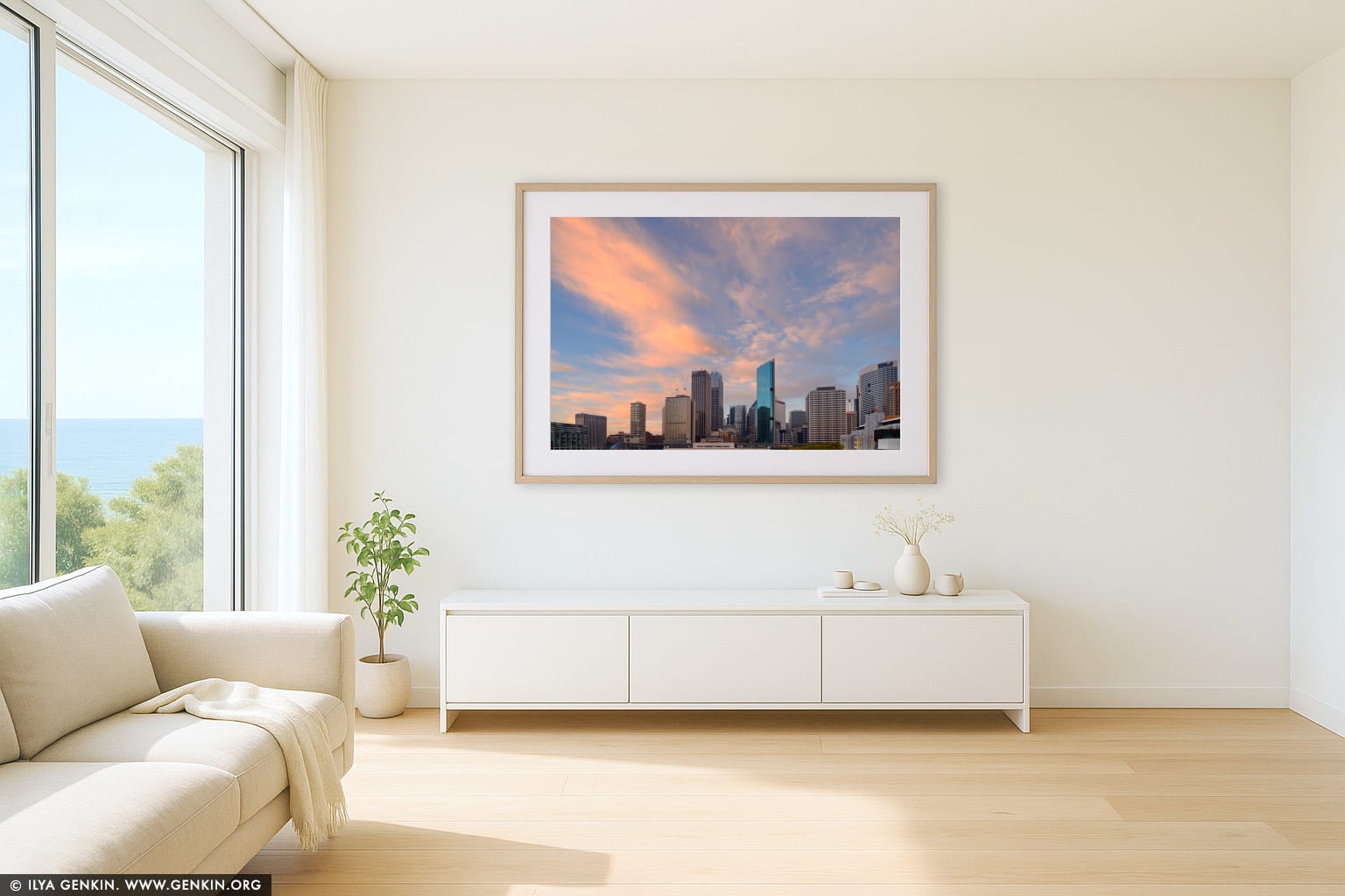 Sunrise over Circular Quay wall art in a modern living room interior