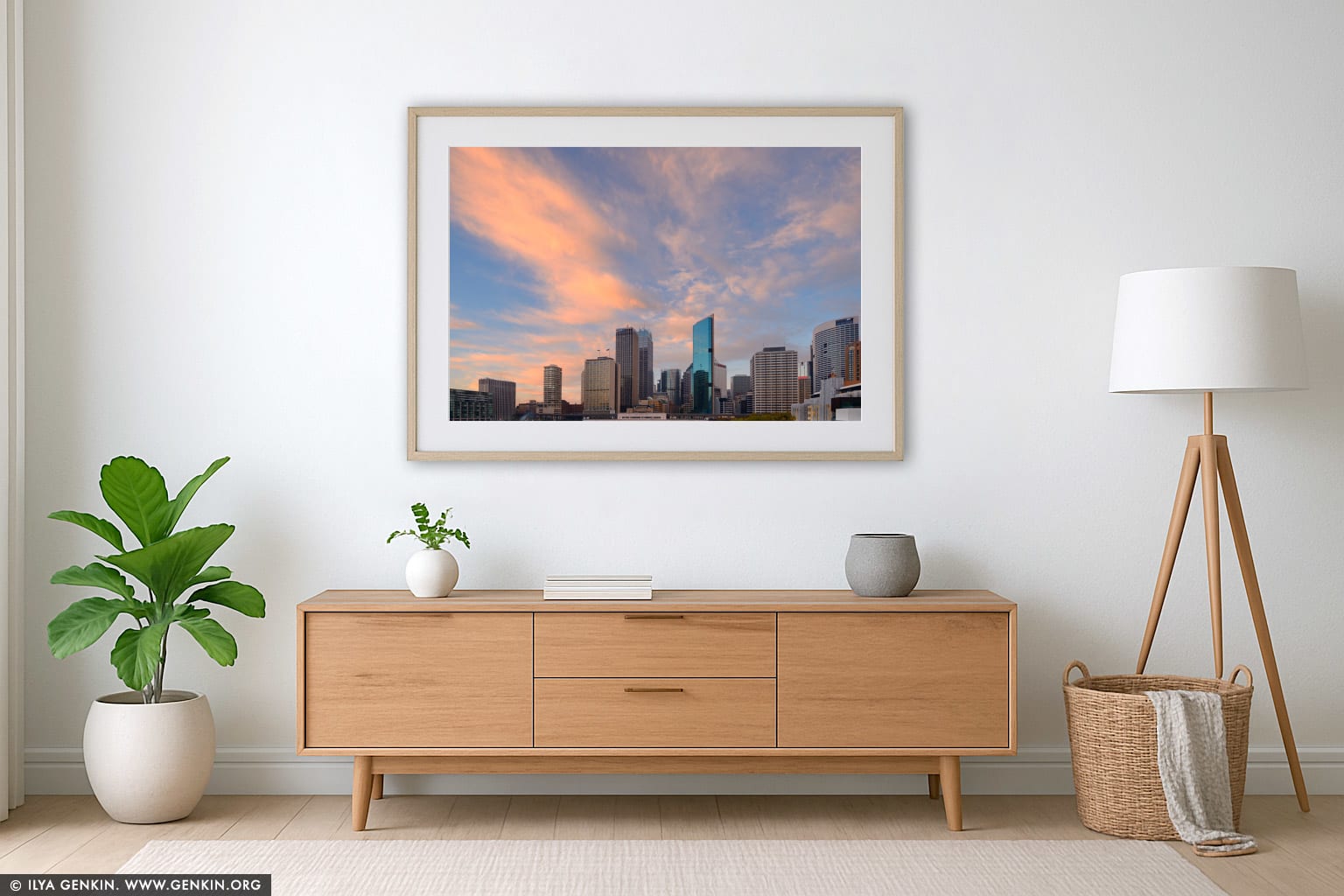 Sunrise over Circular Quay wall art in a contemporary living room interior