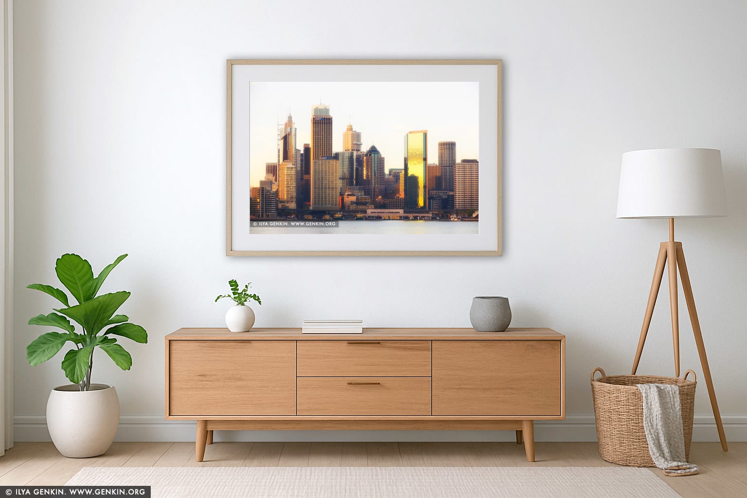 Circular Quay and Sydney City at Dawn wall art in a minimalist living room interior
