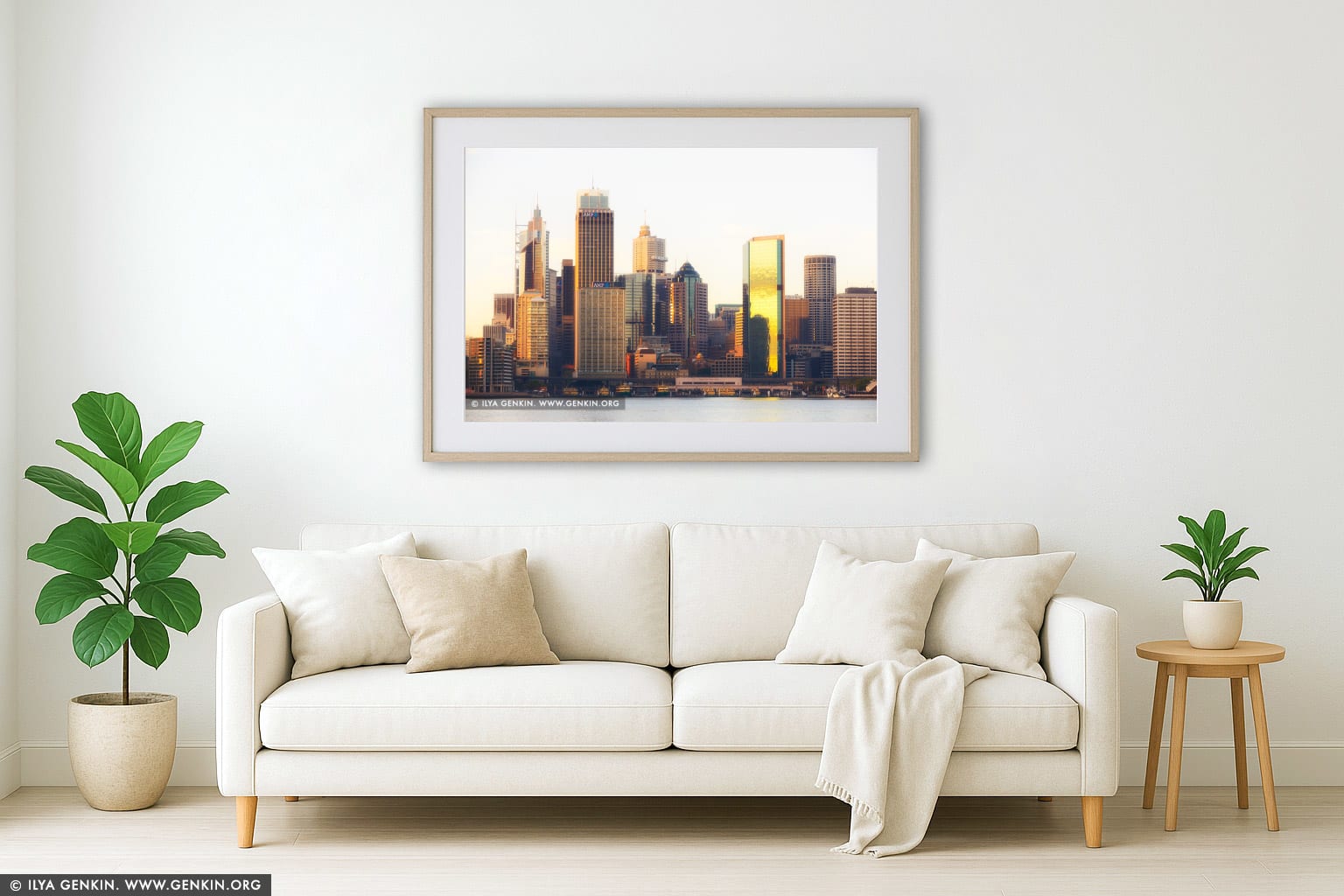Circular Quay and Sydney City at Dawn wall art in a modern living room interior