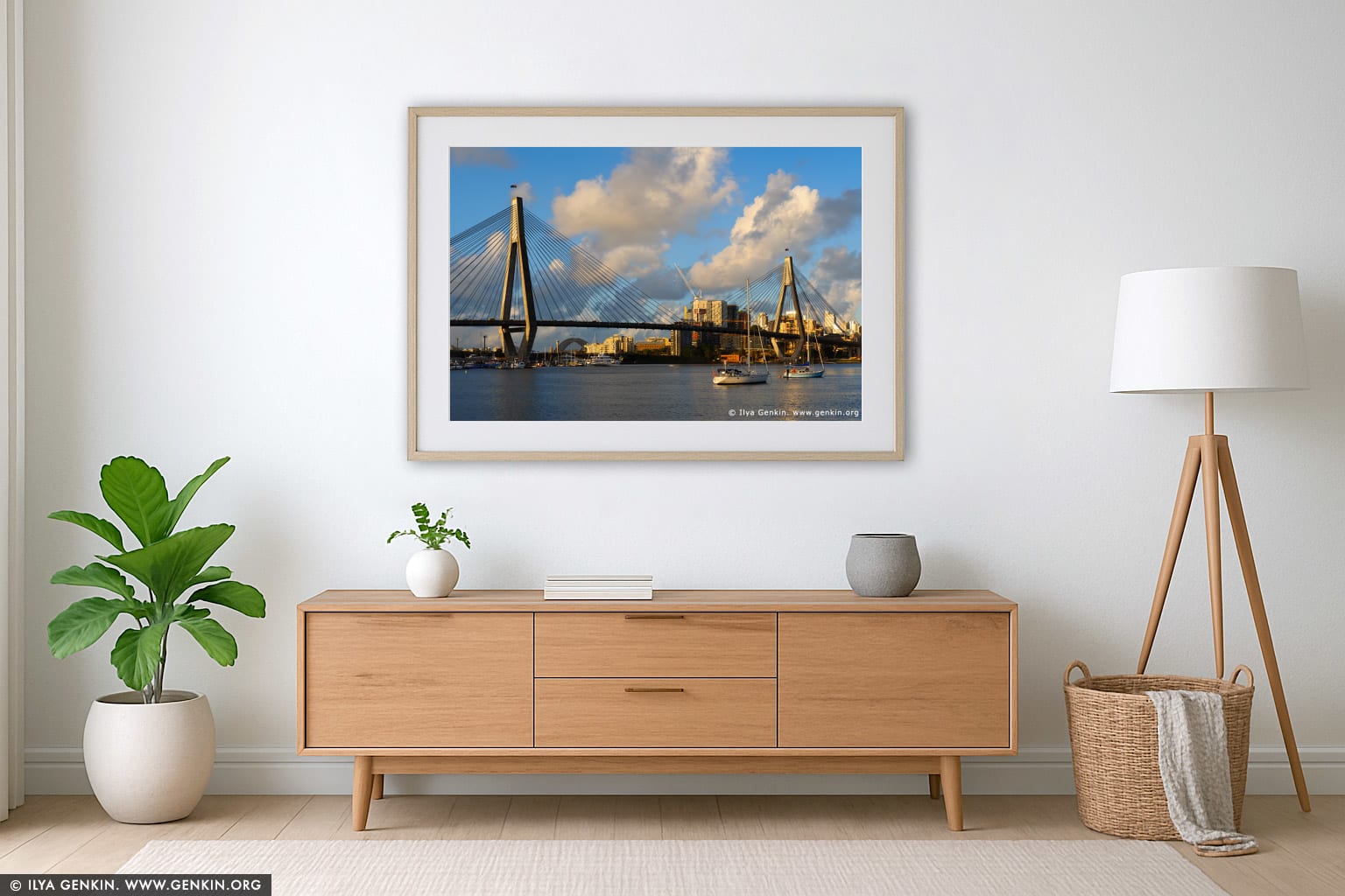 Anzac Bridge at Sunset wall art in a minimalist living room interior