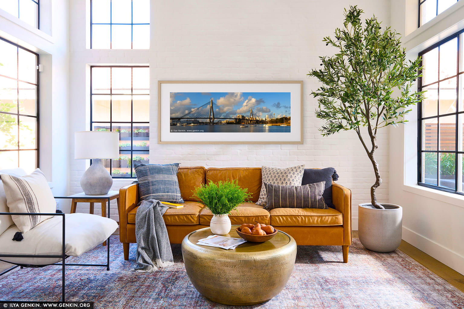 Panoramic View of the Anzac Bridge at Sunset wall art in a modern living room interior