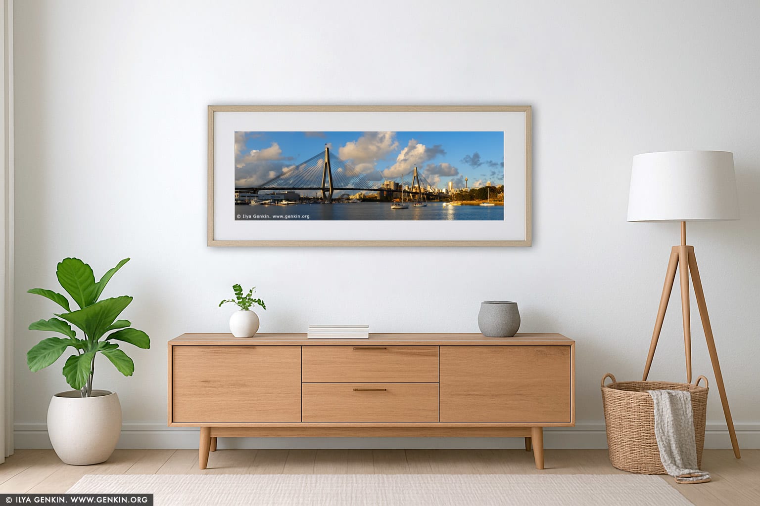 Panoramic View of the Anzac Bridge at Sunset wall art in a contemporary living room interior