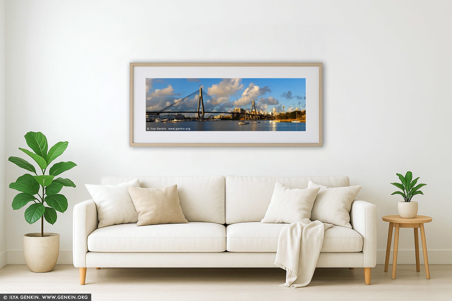 Panoramic View of the Anzac Bridge at Sunset wall art in a luxury living room interior