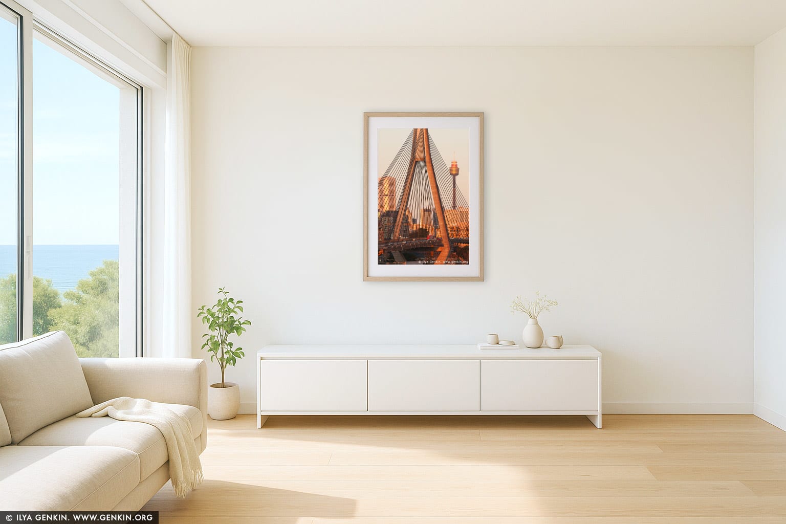 Anzac Bridge and Sydney Tower at Sunset wall art in a luxury living room interior