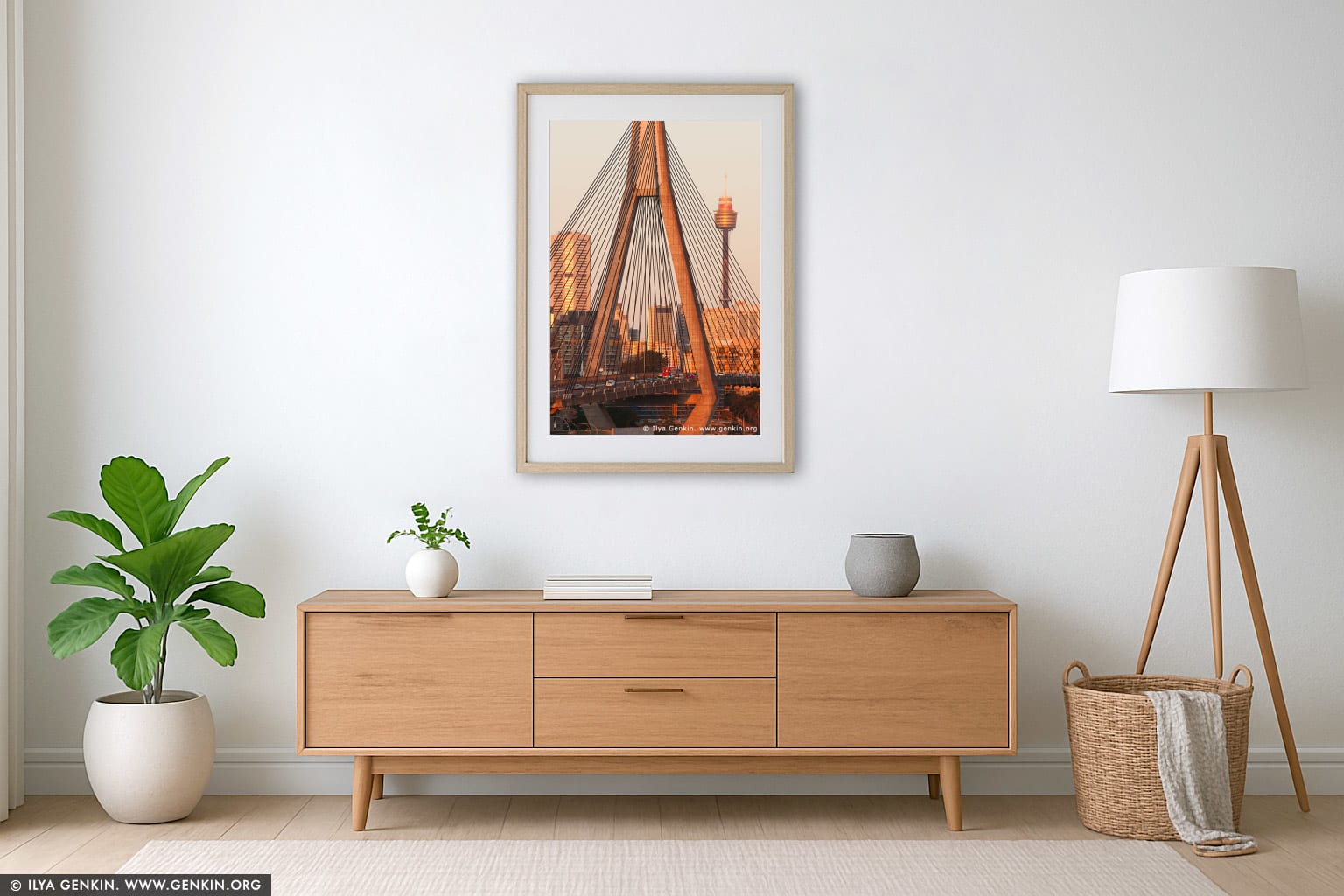 Anzac Bridge and Sydney Tower at Sunset wall art in a modern living room interior