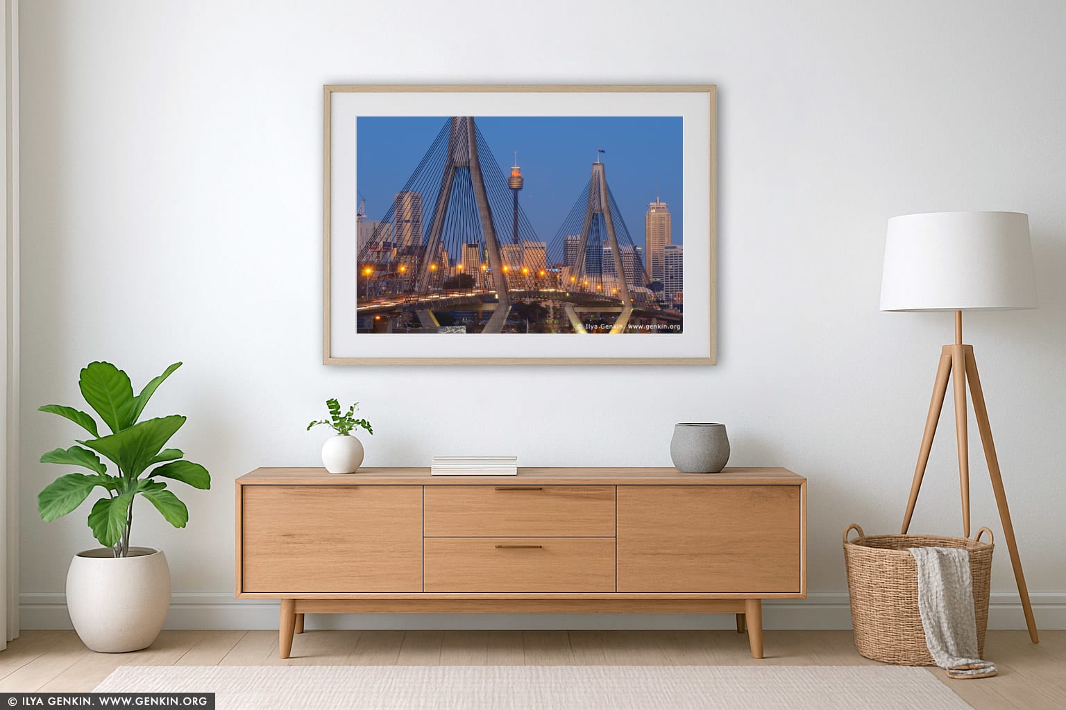 Anzac Bridge and Sydney Tower at Dusk wall art in a contemporary living room interior