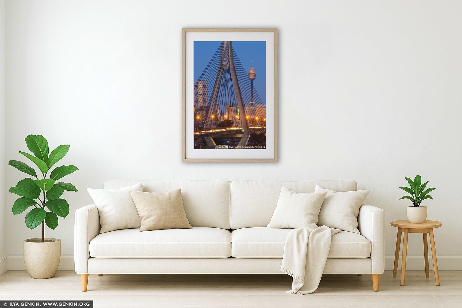 Anzac Bridge and Sydney Tower at Twilight wall art in a minimalist living room interior