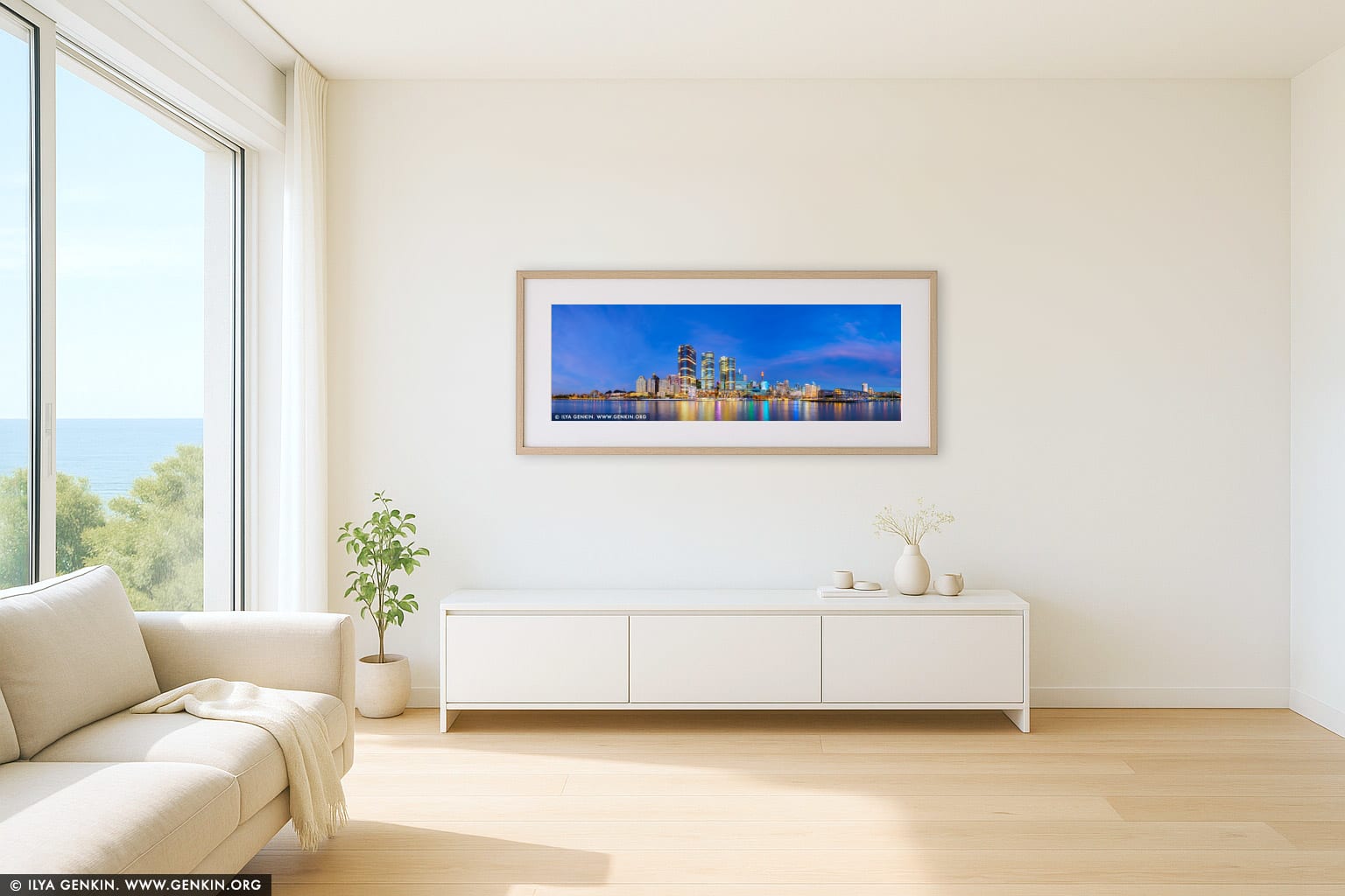 Barangaroo at Night wall art in a contemporary living room interior