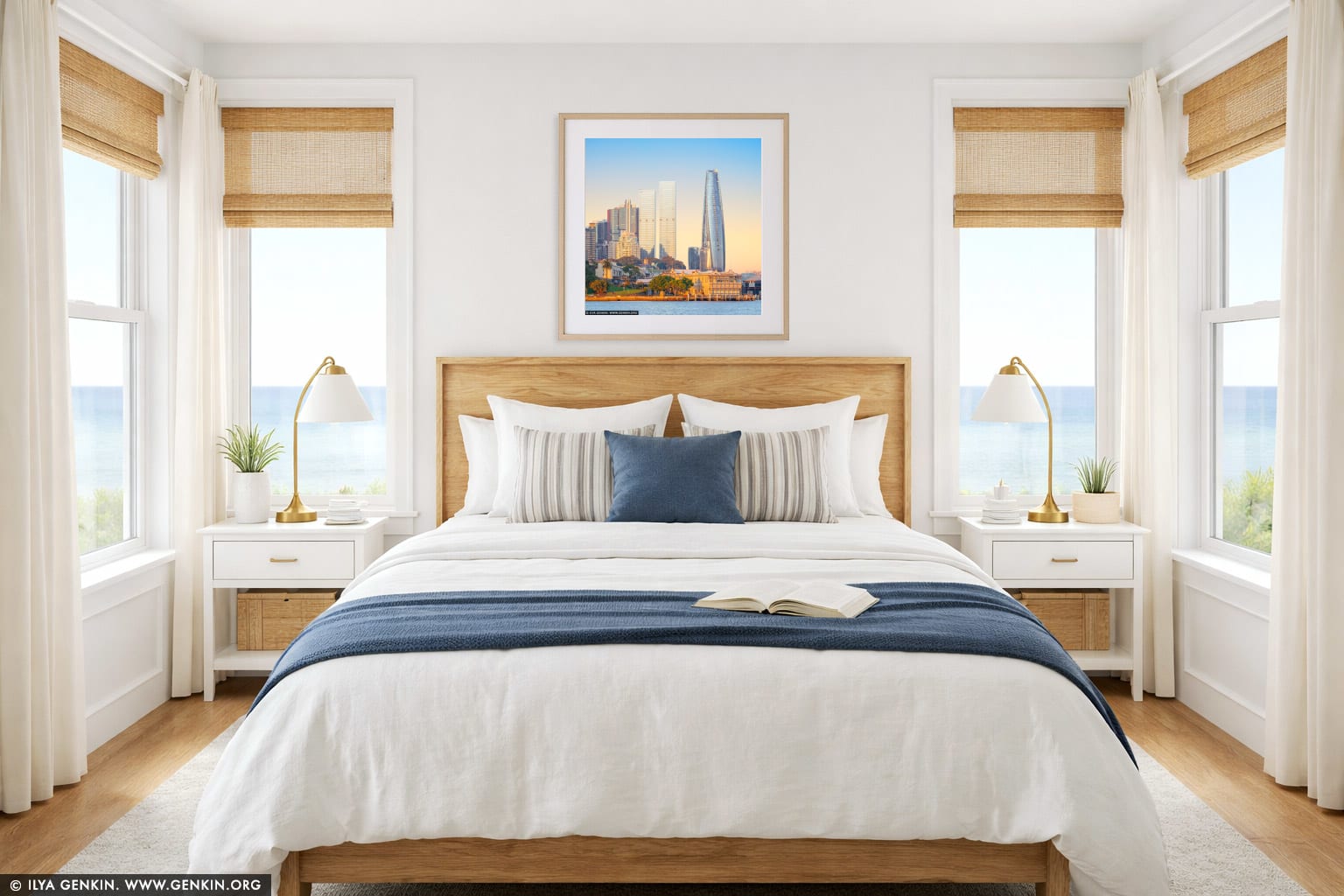 Bright Sunrise over Millers Point and Barangaroo wall art in a bedroom interior