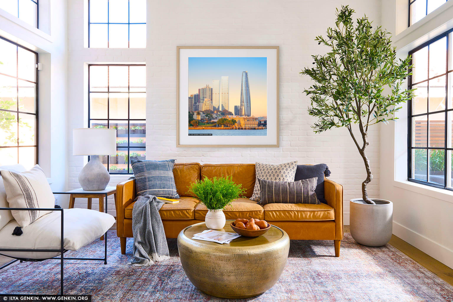 Bright Sunrise over Millers Point and Barangaroo wall art in a luxury living room interior