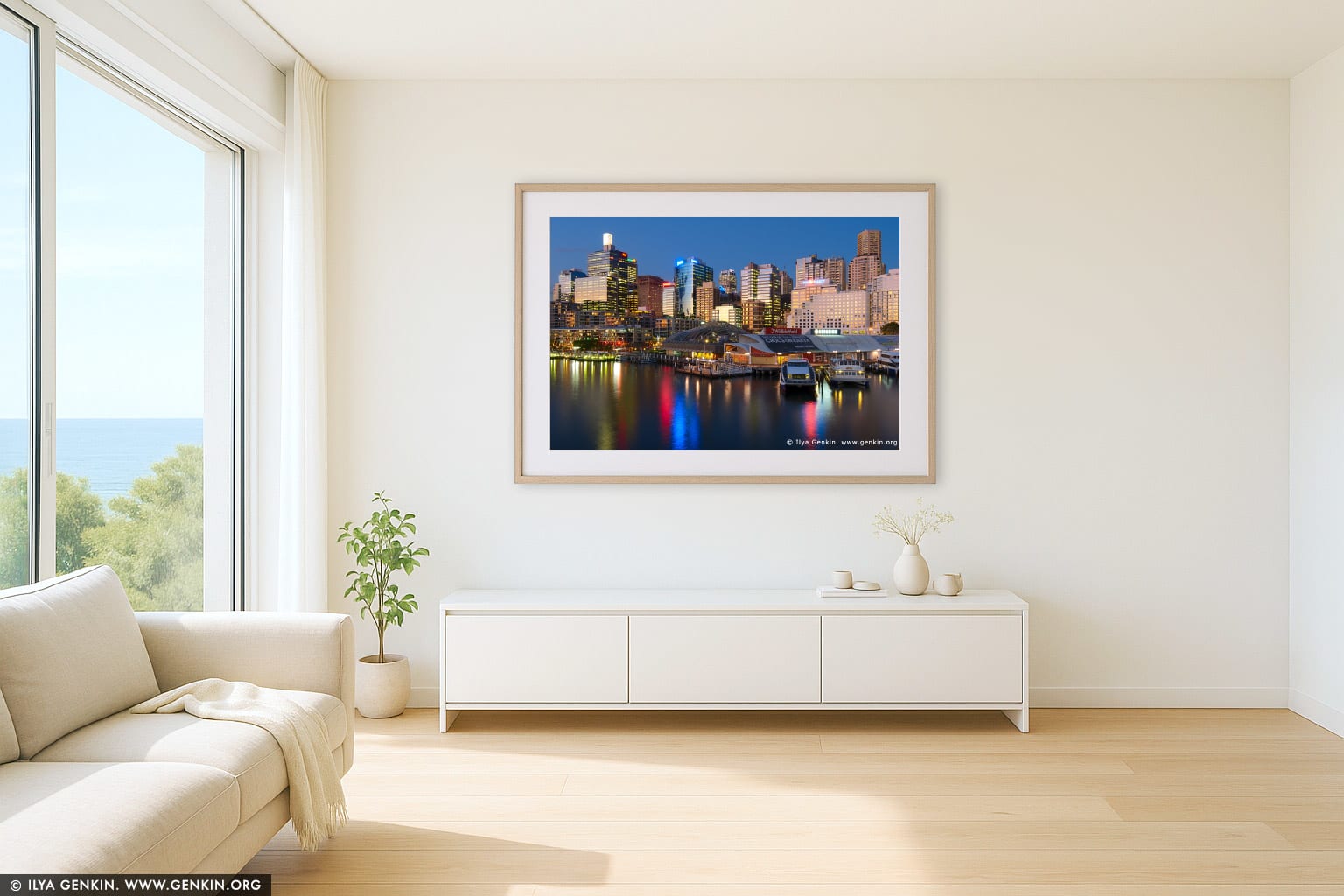 Darling Harbour at Twilight wall art in a contemporary living room interior