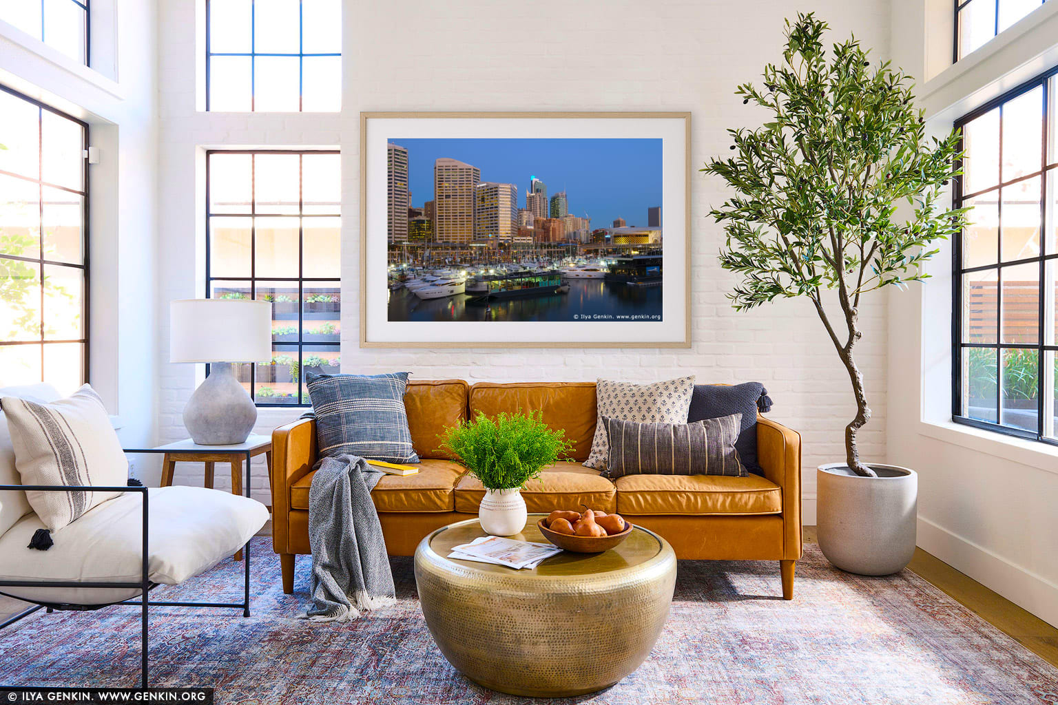 Cockle Bay Marina Hosting International Boat Show wall art in a minimalist living room interior