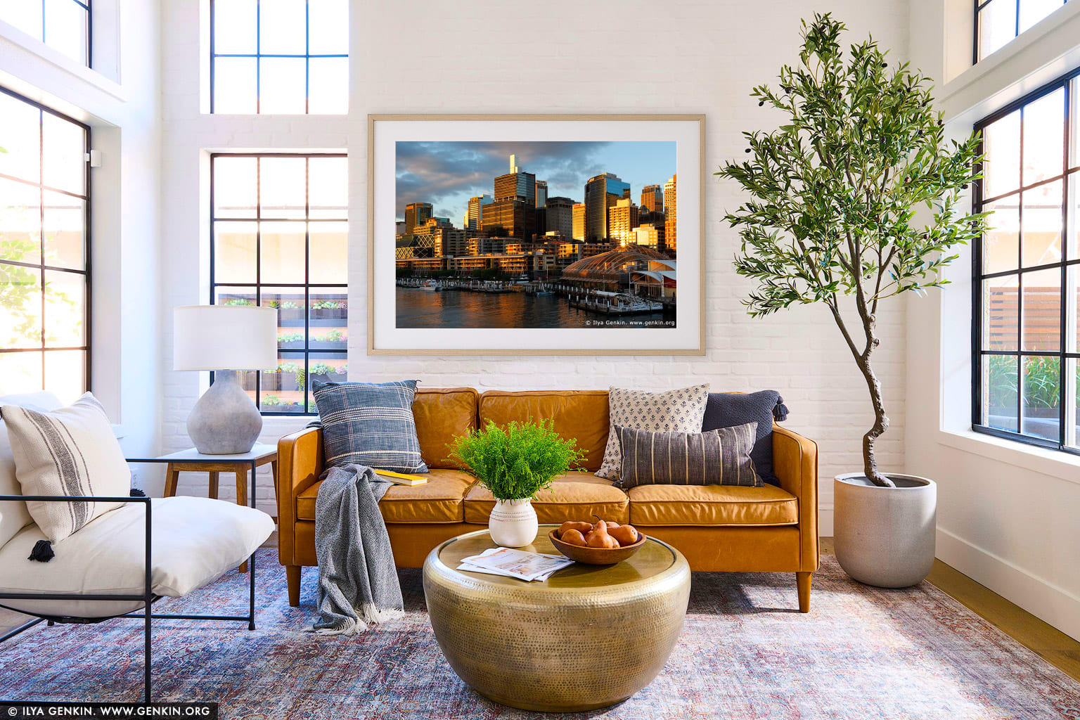 Darling Harbour at Sunset wall art in a modern living room interior