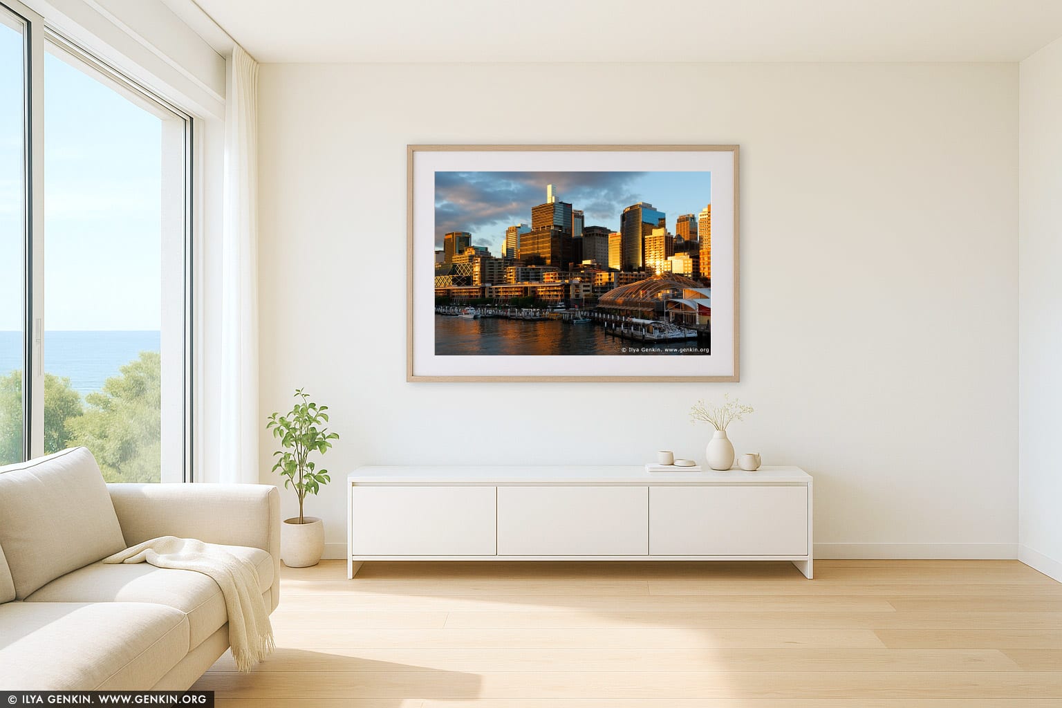 Darling Harbour at Sunset wall art in a modern living room interior